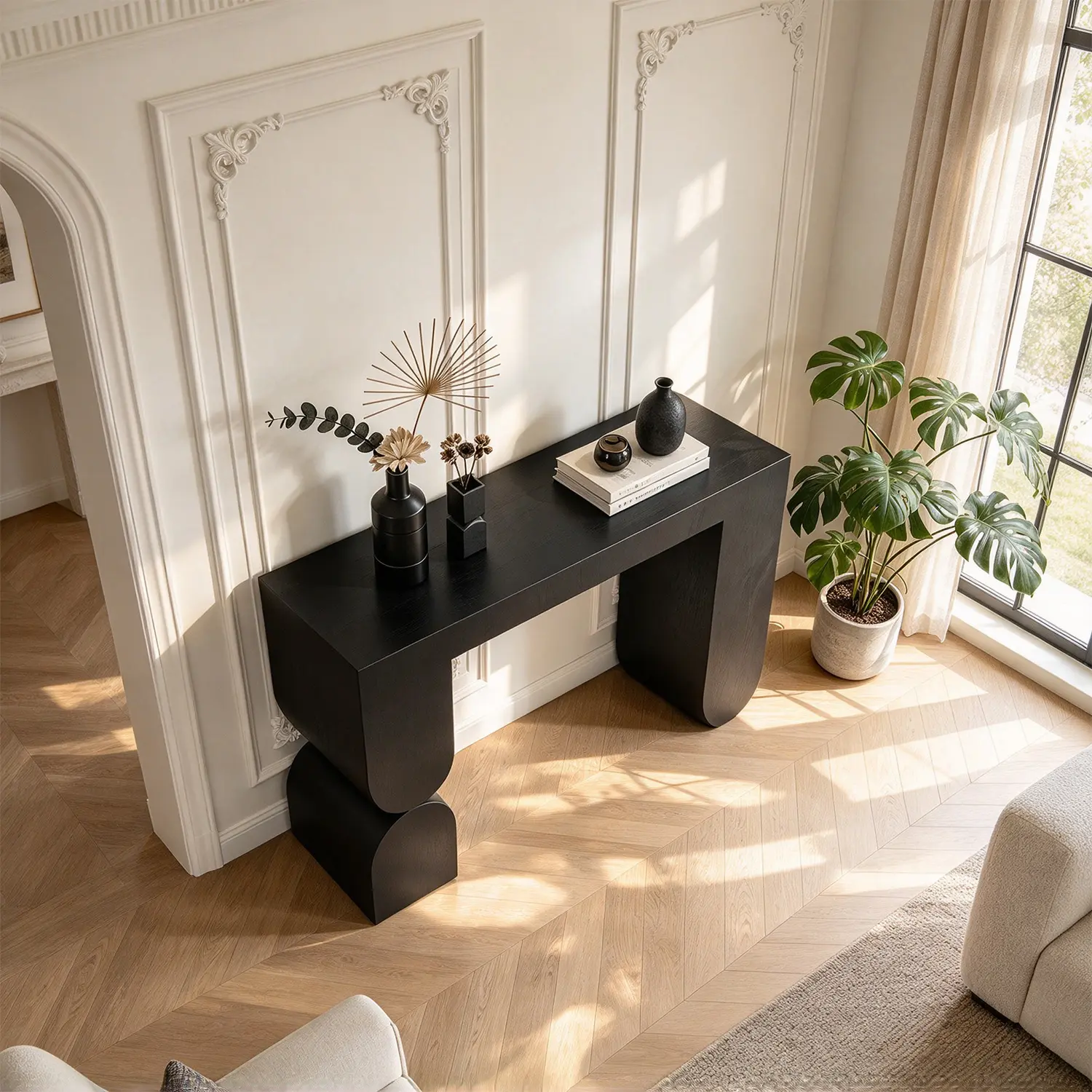 Modern Black Sculptural Solid Wood Console Table for Entryway Image - 5 | homeyfad