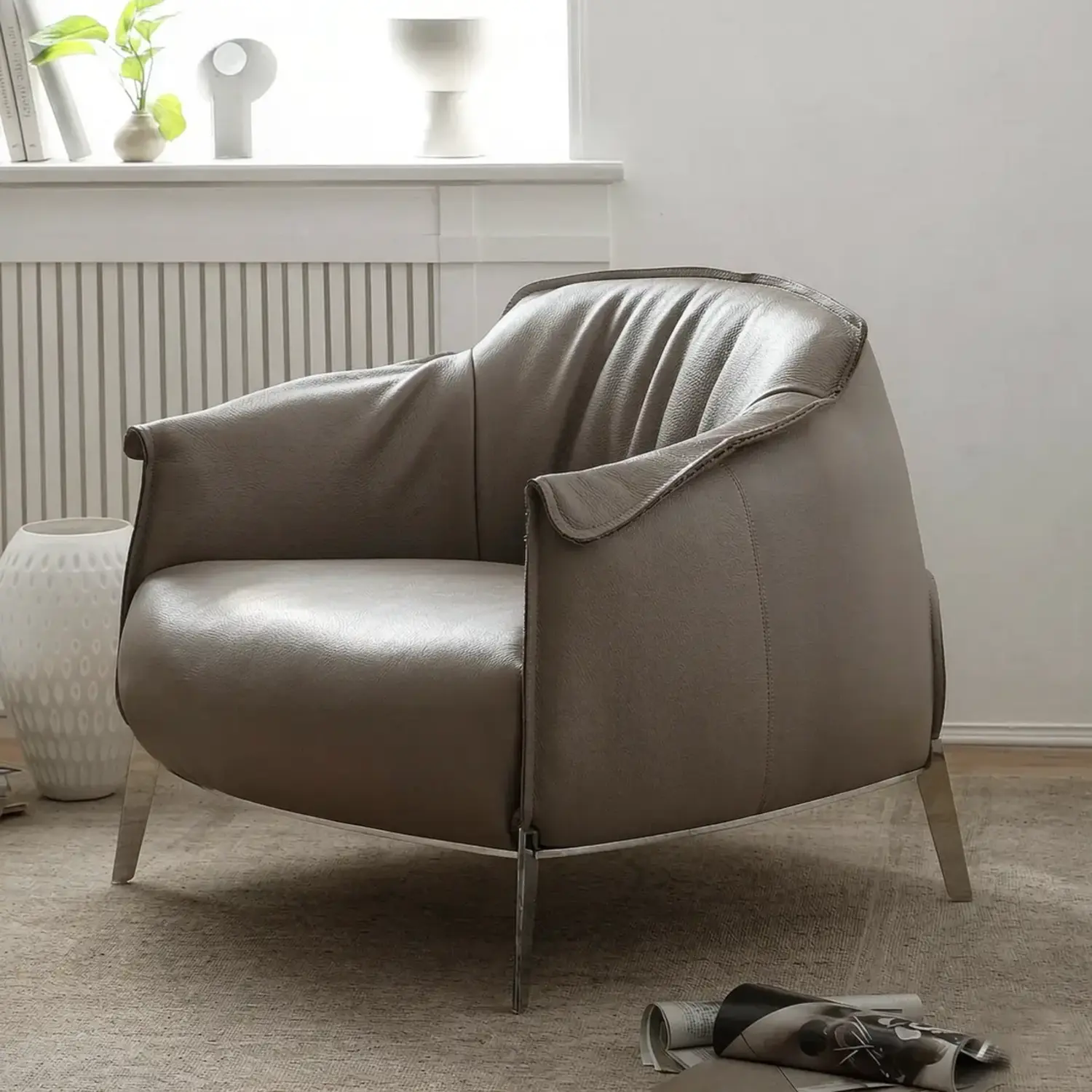 Light khaki Comtemporary Genuine Leather Accent Chair with Stainless Steel Legs Image - 18 | homeyfad