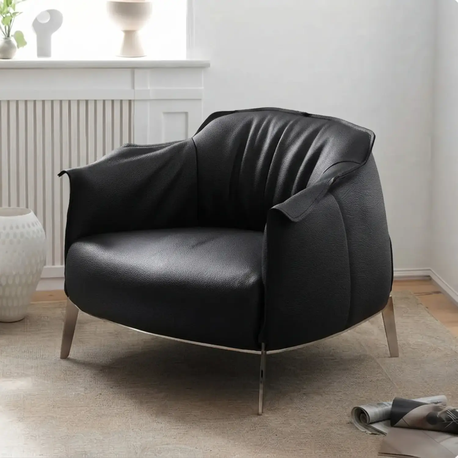 Comtemporary Genuine Leather Accent Chair with Stainless Steel Legs Image - 14 | homeyfad