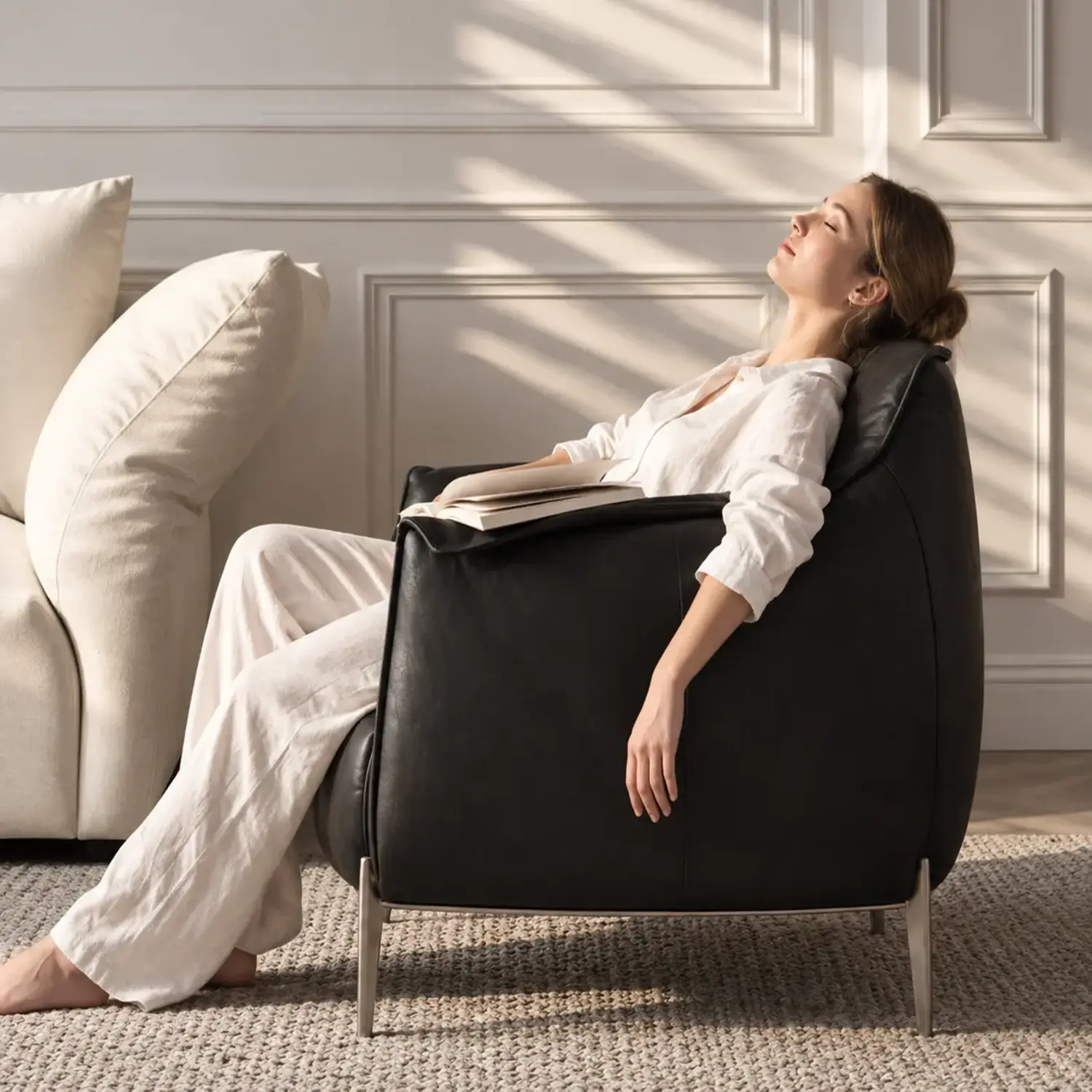 Comtemporary Genuine Leather Accent Chair with Stainless Steel Legs Image - 6 | homeyfad