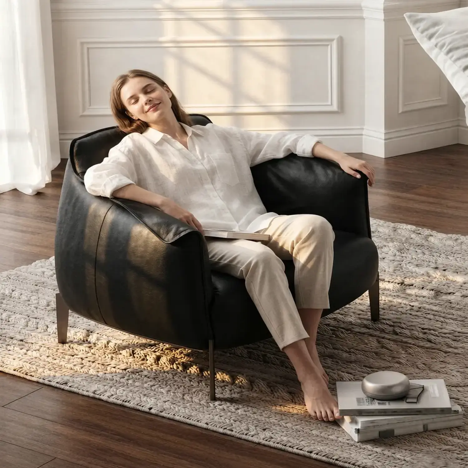 Comtemporary Genuine Leather Accent Chair with Stainless Steel Legs Image - 5 | homeyfad
