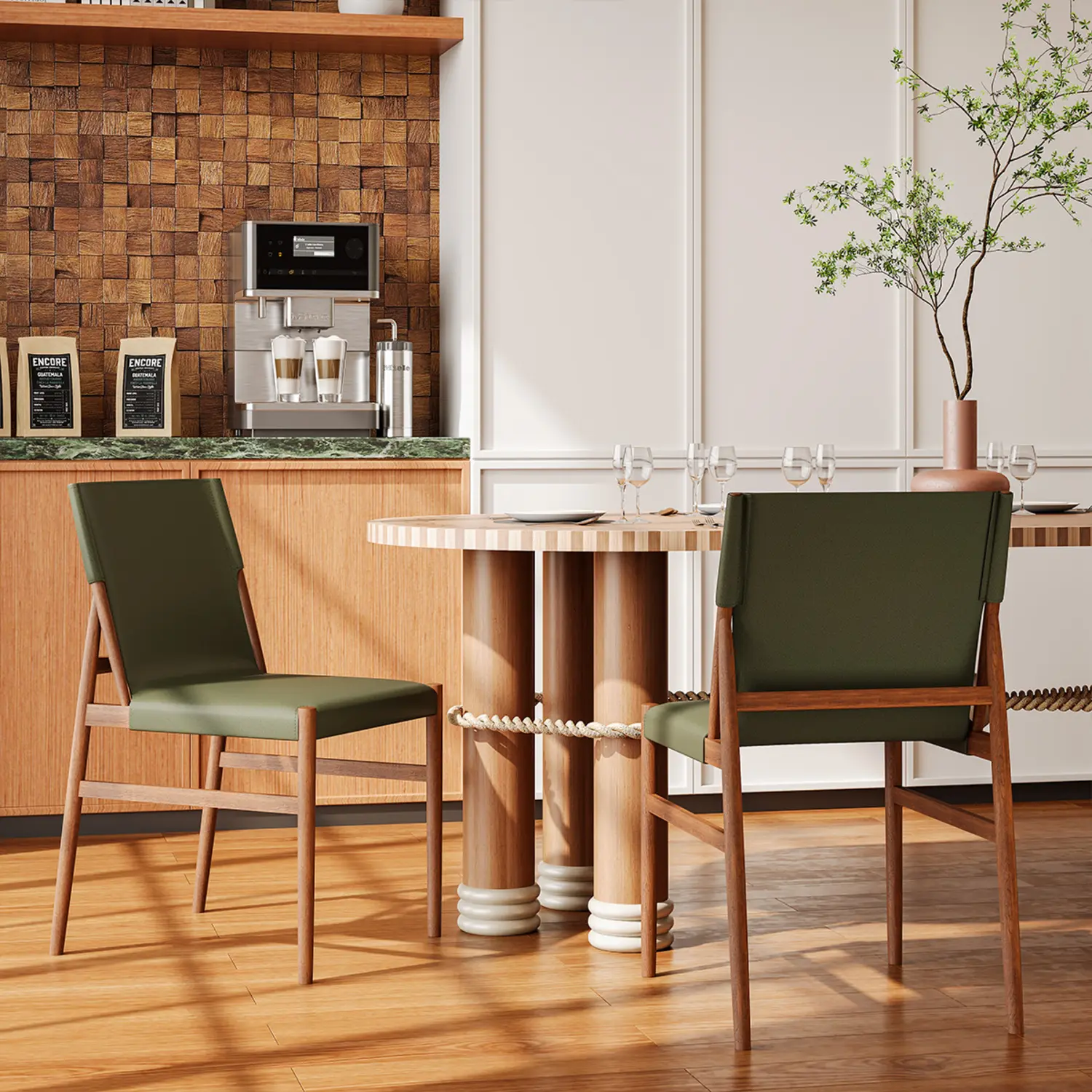 Green Walnut Mid-century Modern Faux Leather Dining Chairs Carbon Steel Frame Set of 2 Image - 7 | homeyfad