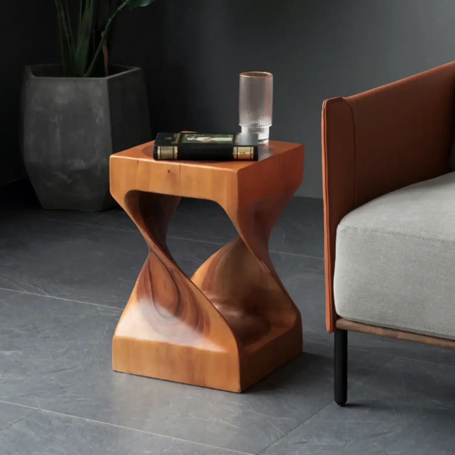 Sculpted Square Brown Solid Wood End Table for Small Space Image - 3 | homeyfad