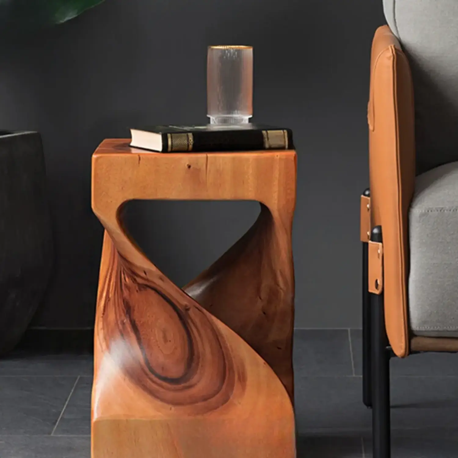 Sculpted Square Brown Solid Wood End Table for Small Space Image - 1 | homeyfad