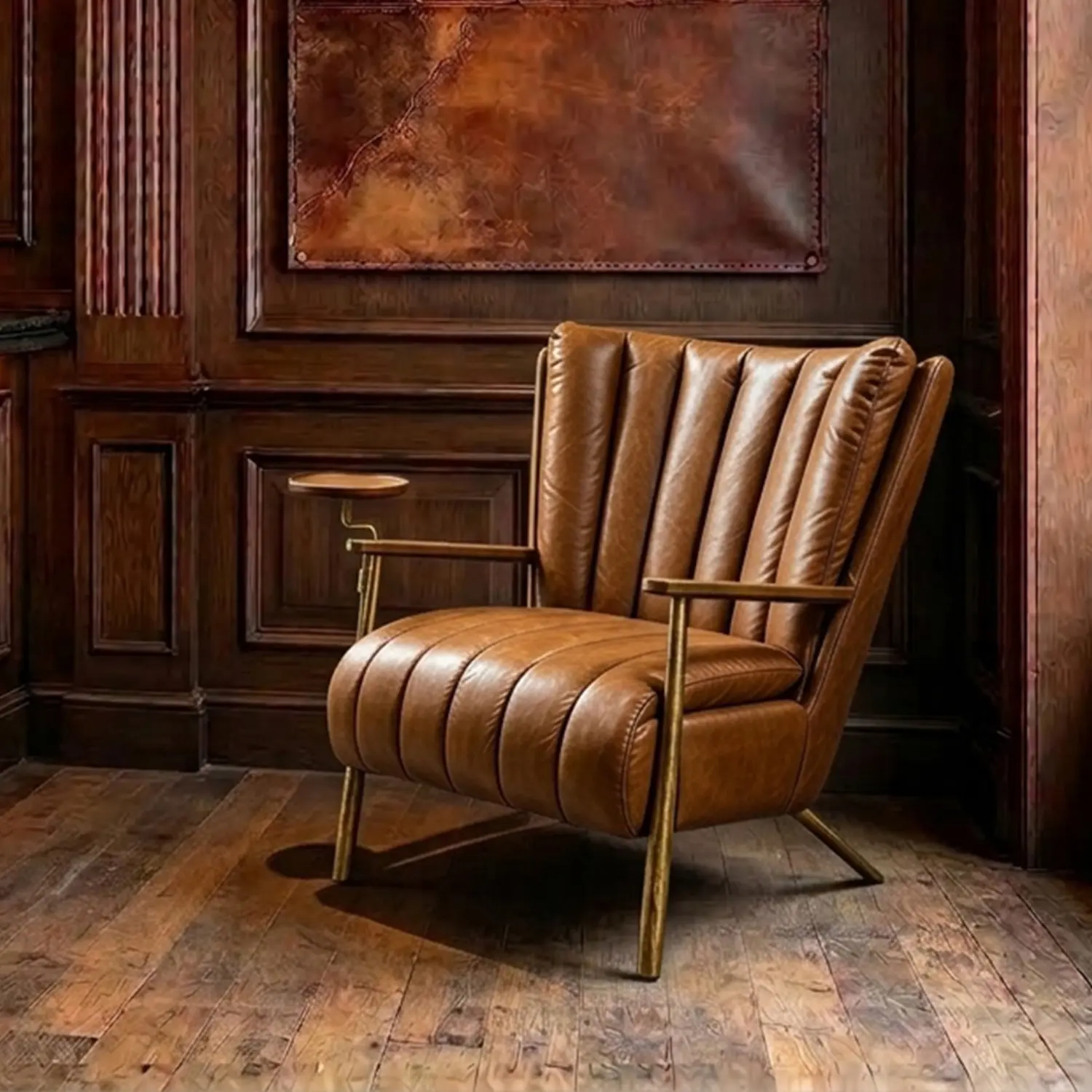 Vintage Brown Vintage Brown Waxed Top-Grain Leather Accent Armchair with Side Tray Image - 10 | homeyfad