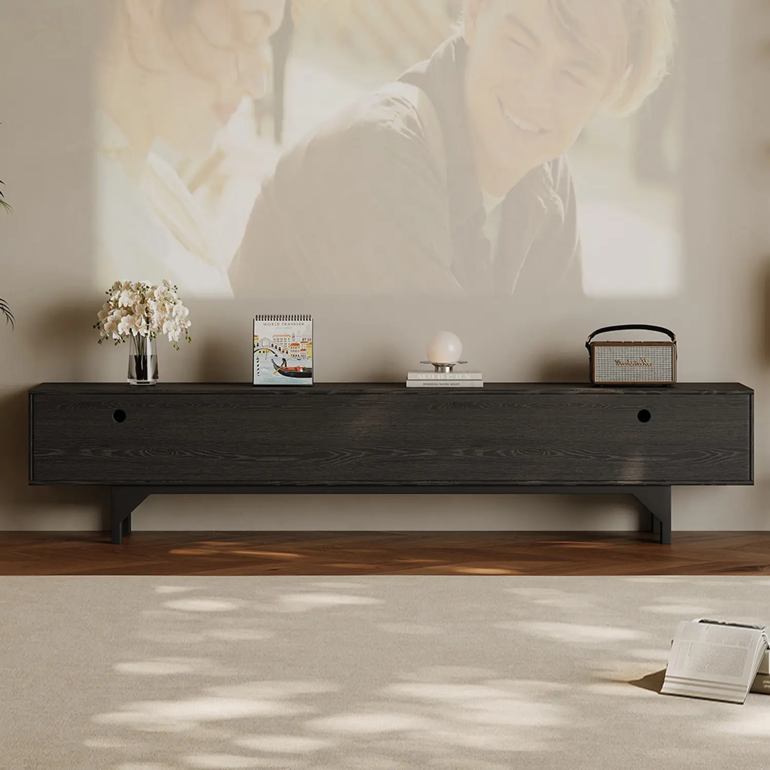 86.6" Modern Ash Wood Veneer TV Stand with Sliding Cabinet Doors Image - 4 | homeyfad