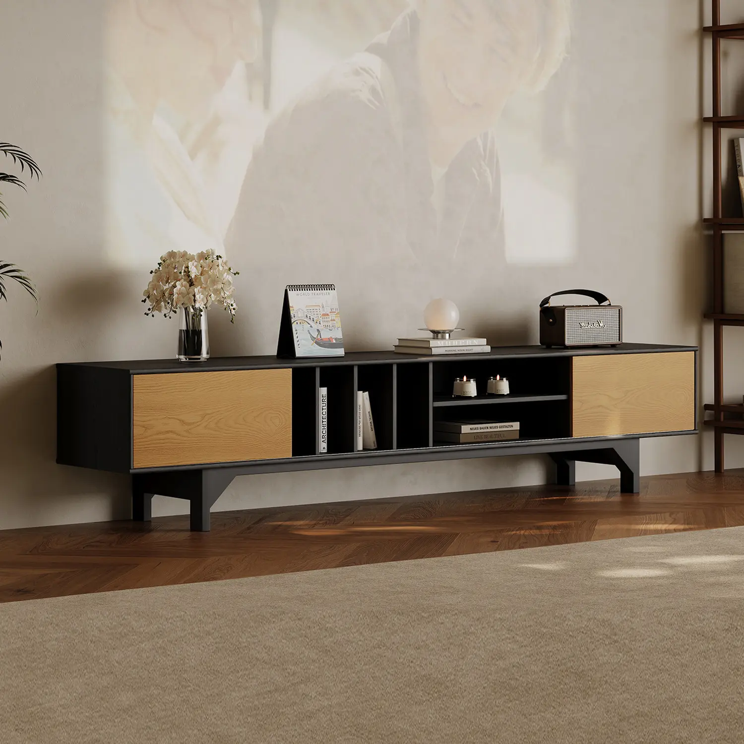 Black & Wood Color 86.6"W x 15.7"D x 20.9"H 86.6" Modern Ash Wood Veneer TV Stand with Sliding Cabinet Doors Image - 1 | homeyfad