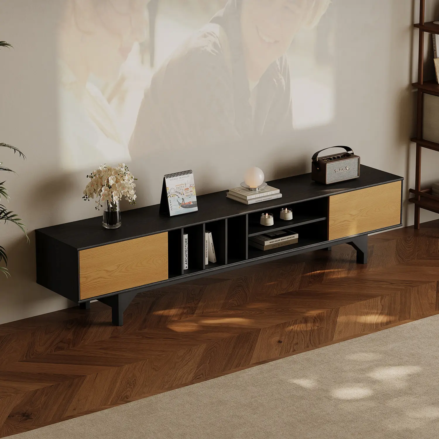 86.6" Modern Ash Wood Veneer TV Stand with Sliding Cabinet Doors Image - 2 | homeyfad