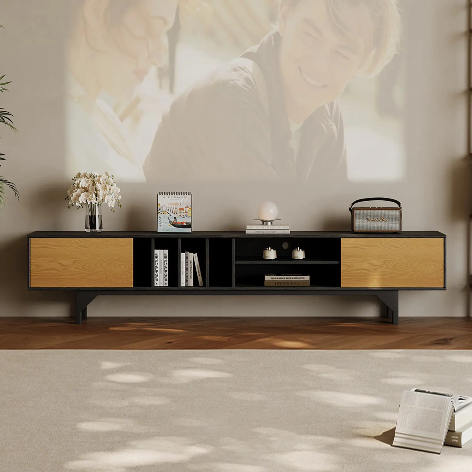86.6" Modern Ash Wood Veneer TV Stand with Sliding Cabinet Doors Image - 3 | homeyfad