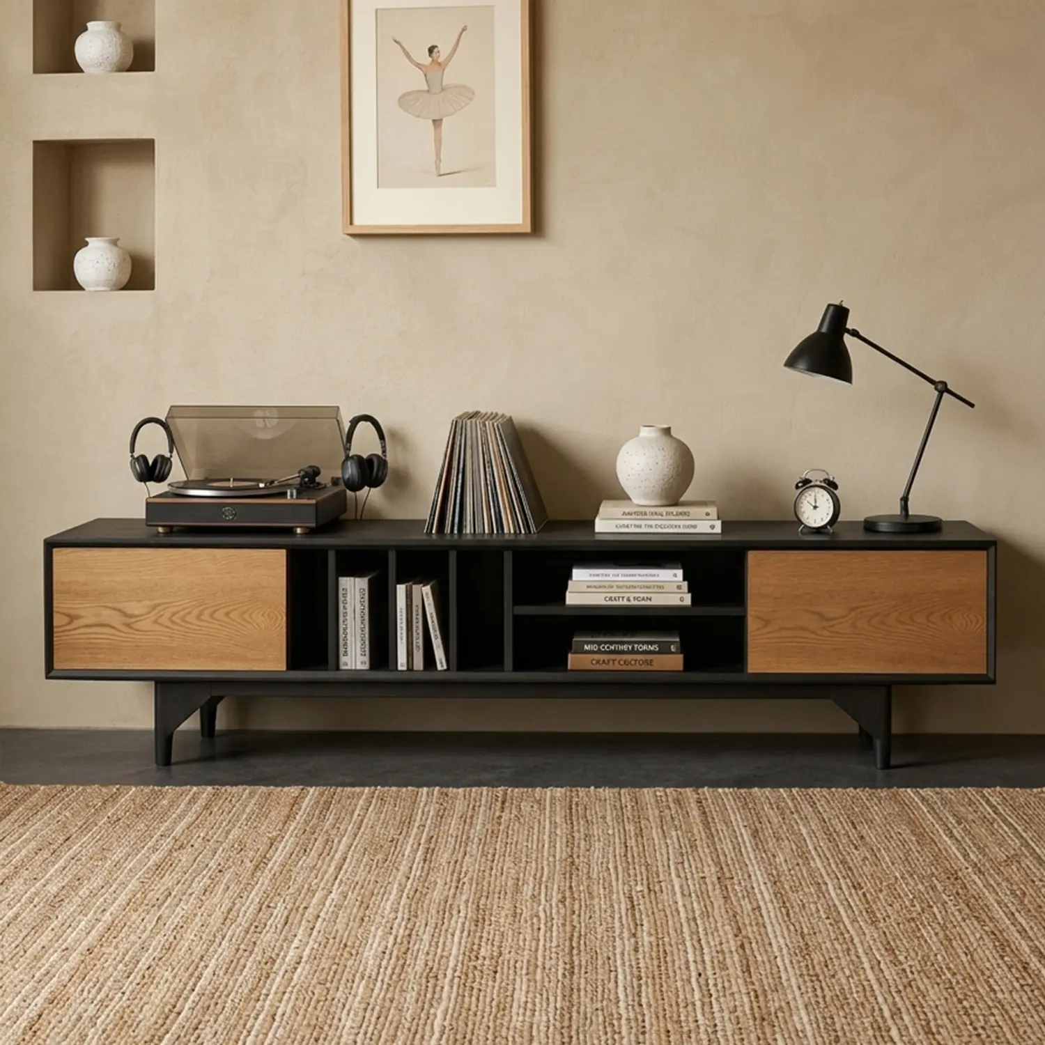 86.6" Modern Ash Wood Veneer TV Stand with Sliding Cabinet Doors Image - 8 | homeyfad