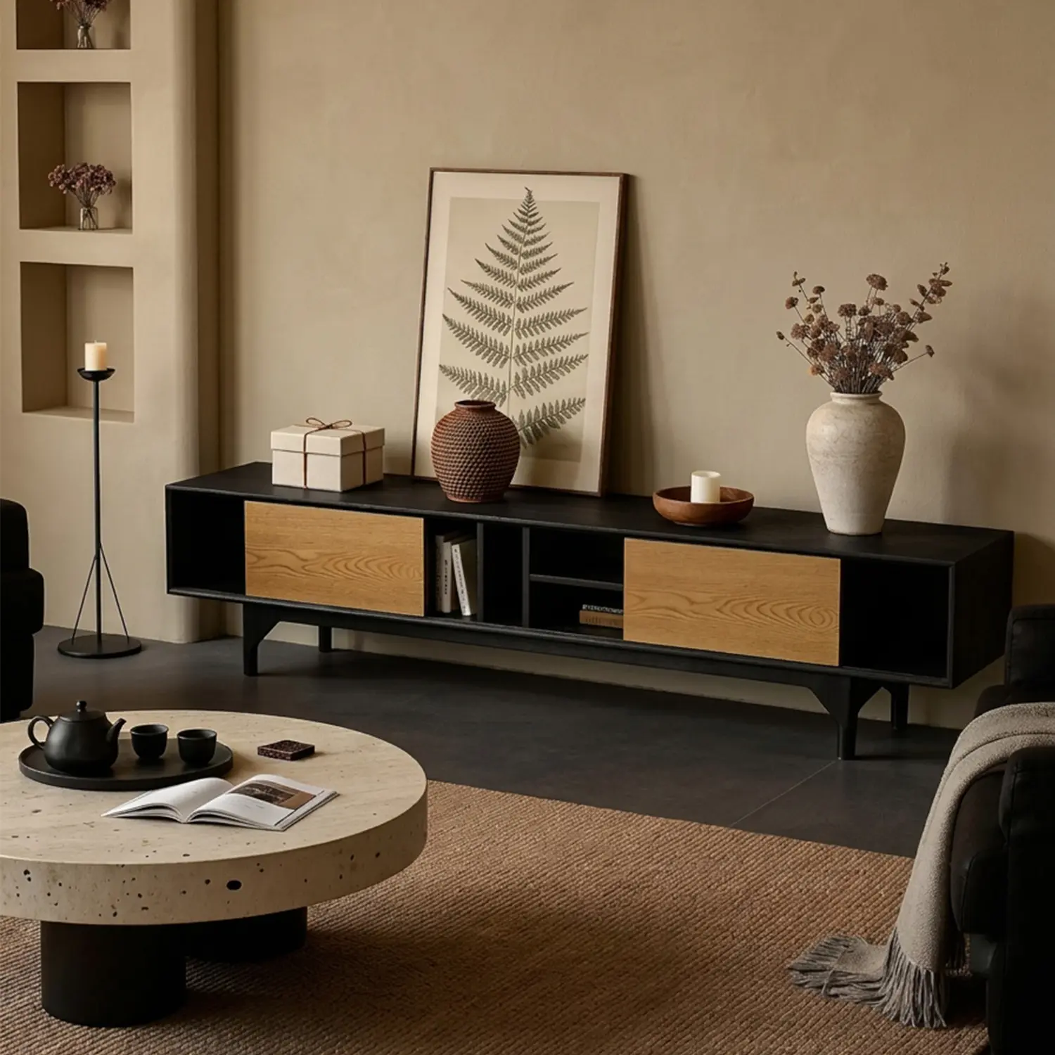 86.6" Modern Ash Wood Veneer TV Stand with Sliding Cabinet Doors Image - 9 | homeyfad