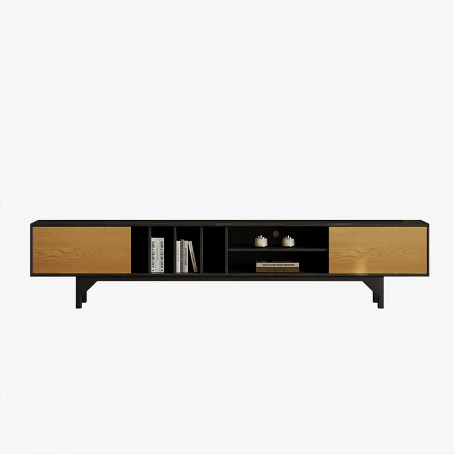 86.6" Modern Ash Wood Veneer TV Stand with Sliding Cabinet Doors Image - 10 | homeyfad