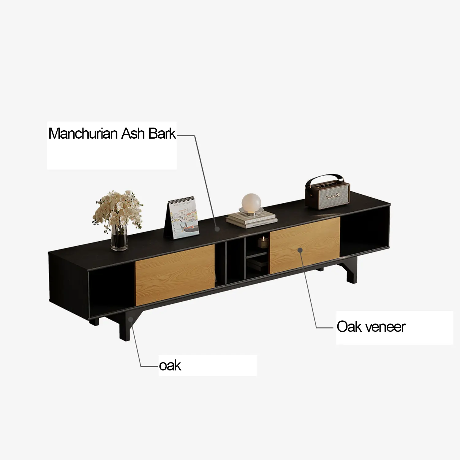86.6" Modern Ash Wood Veneer TV Stand with Sliding Cabinet Doors Image - 6 | homeyfad