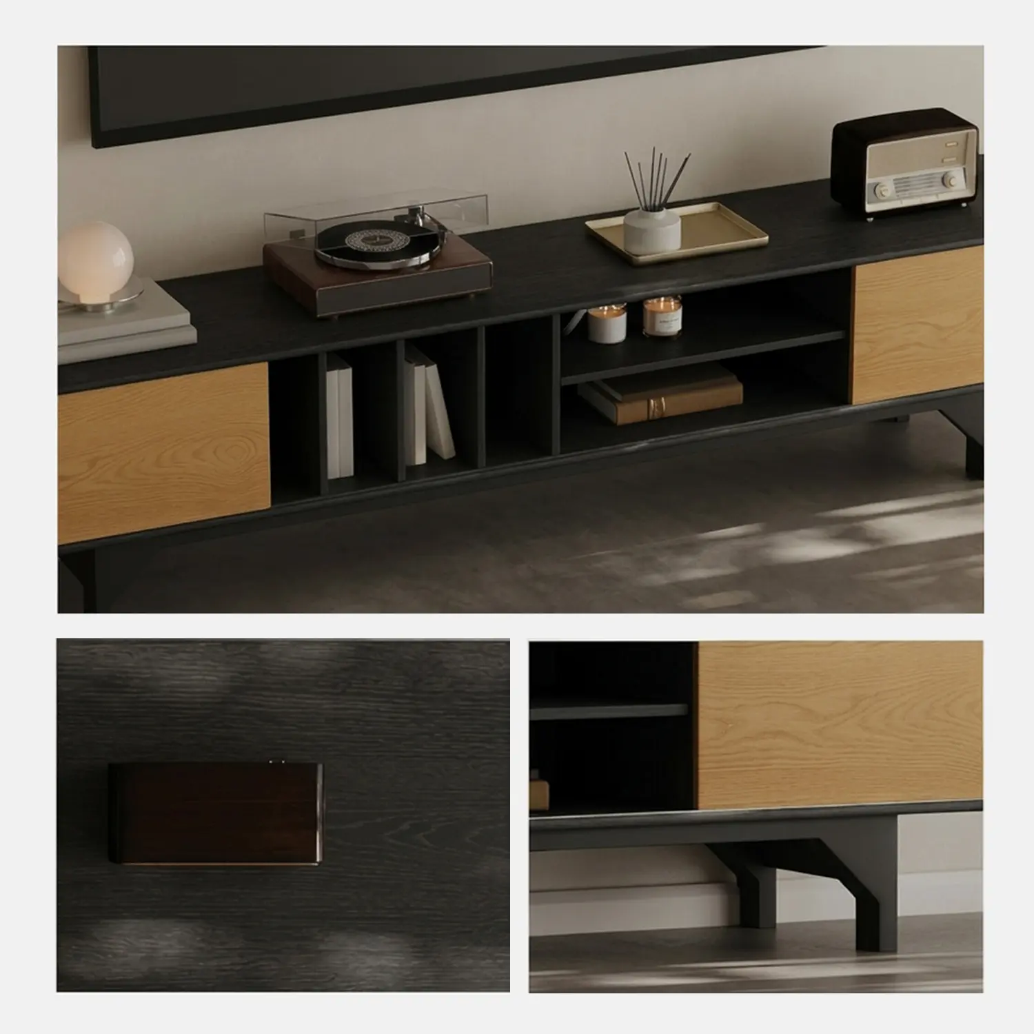 86.6" Modern Ash Wood Veneer TV Stand with Sliding Cabinet Doors Image - 5 | homeyfad