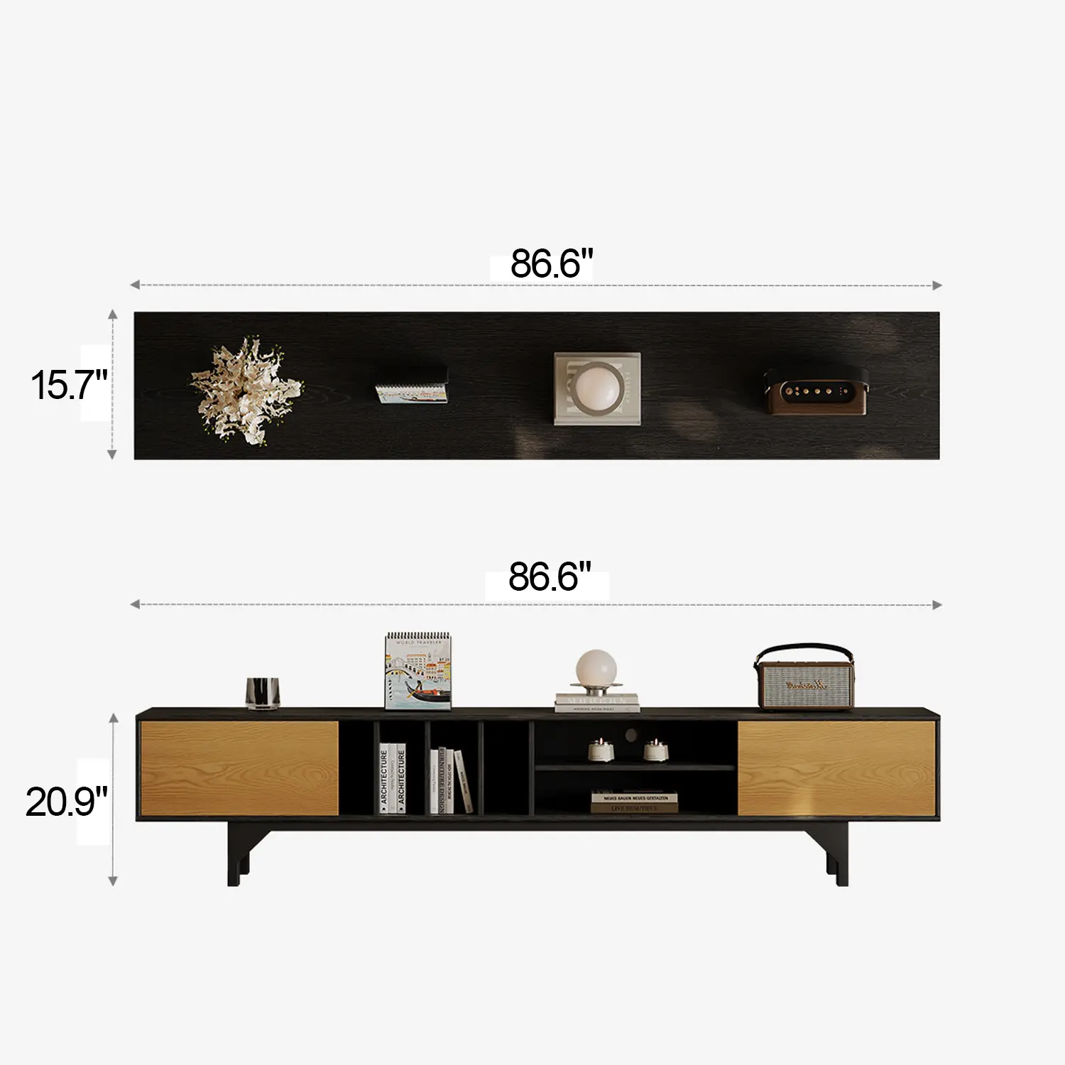 86.6" Modern Ash Wood Veneer TV Stand with Sliding Cabinet Doors Image - 11 #size | homeyfad