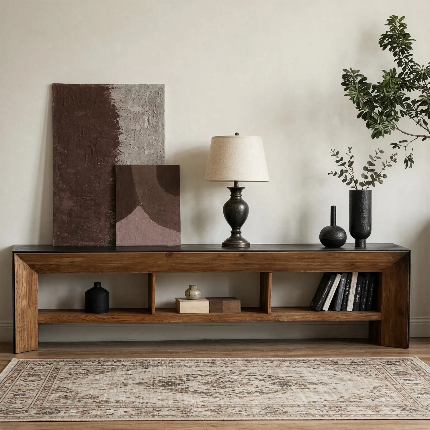 Modern Industrial Solid Pine Wood TV Stand with Open Storage Image - 1 | homeyfad