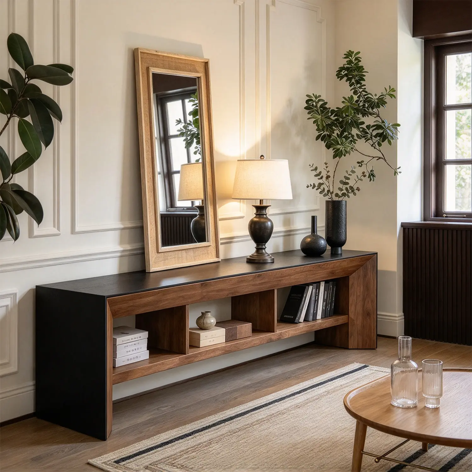 Modern Industrial Solid Pine Wood TV Stand with Open Storage Image - 3 | homeyfad