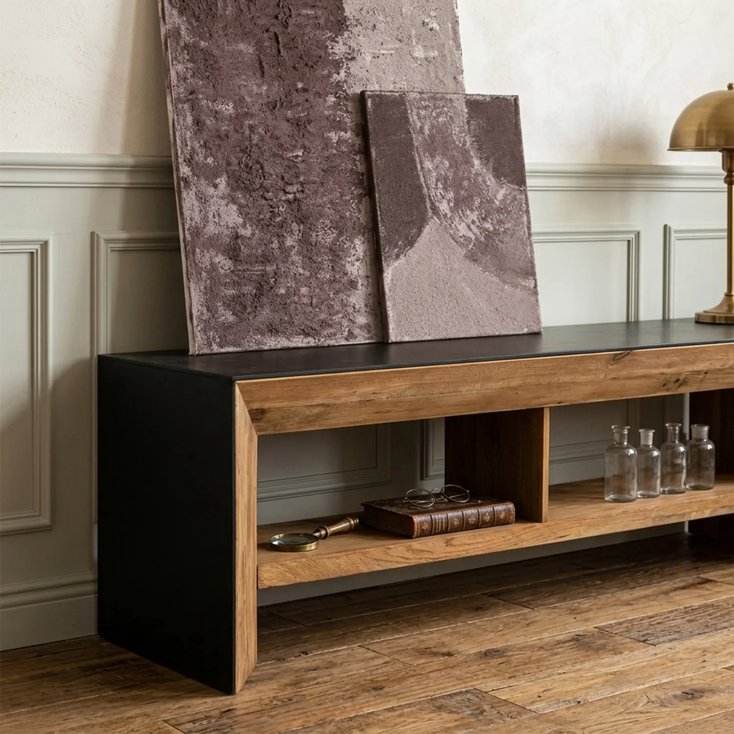 Modern Industrial Solid Pine Wood TV Stand with Open Storage Image - 5 | homeyfad