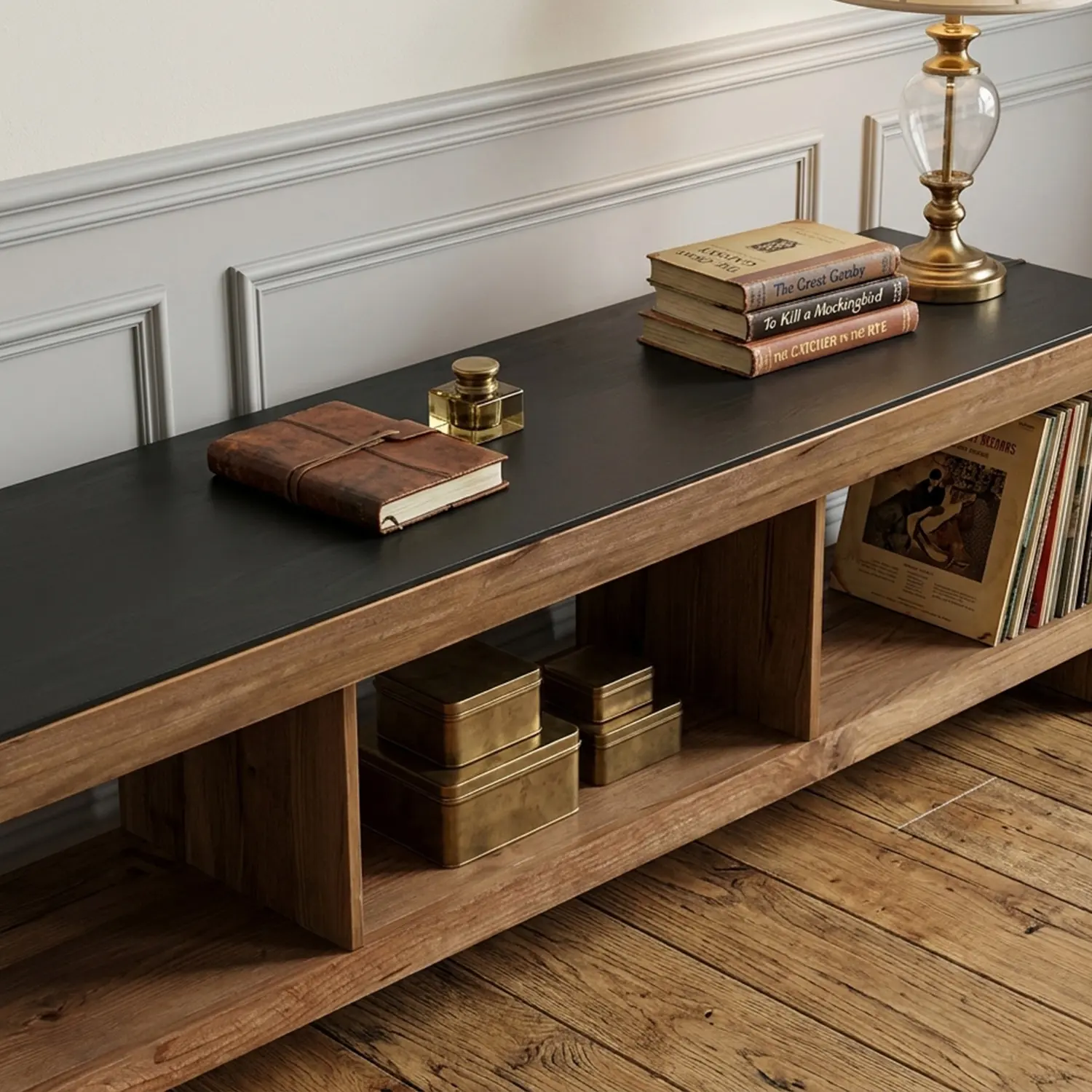 Modern Industrial Solid Pine Wood TV Stand with Open Storage Image - 6 | homeyfad