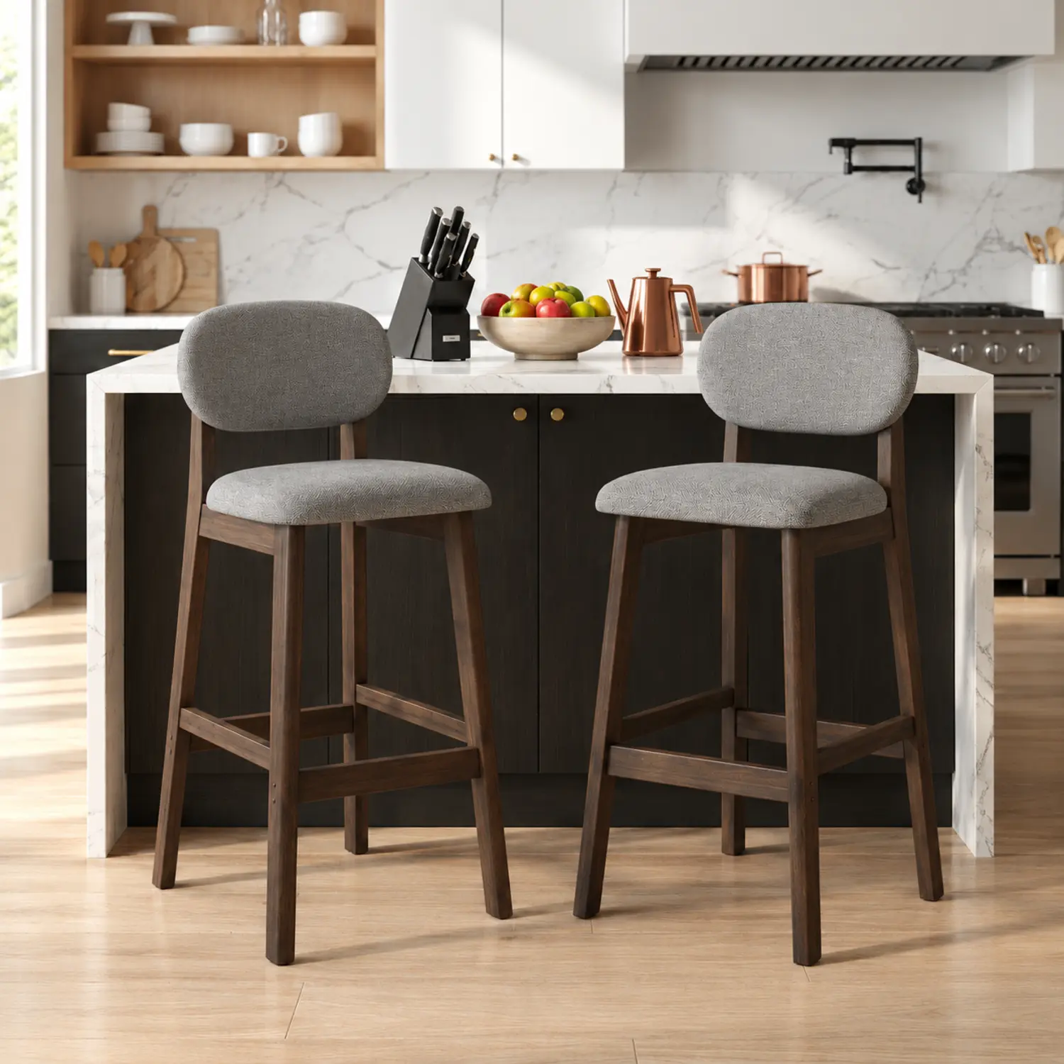 Light Gray Leathaire Dark Walnut Bar Stool(29"H) Counter Height Modern Linen Low Back Upholstered Bar Stool Set of 2 Image - 1 | homeyfad