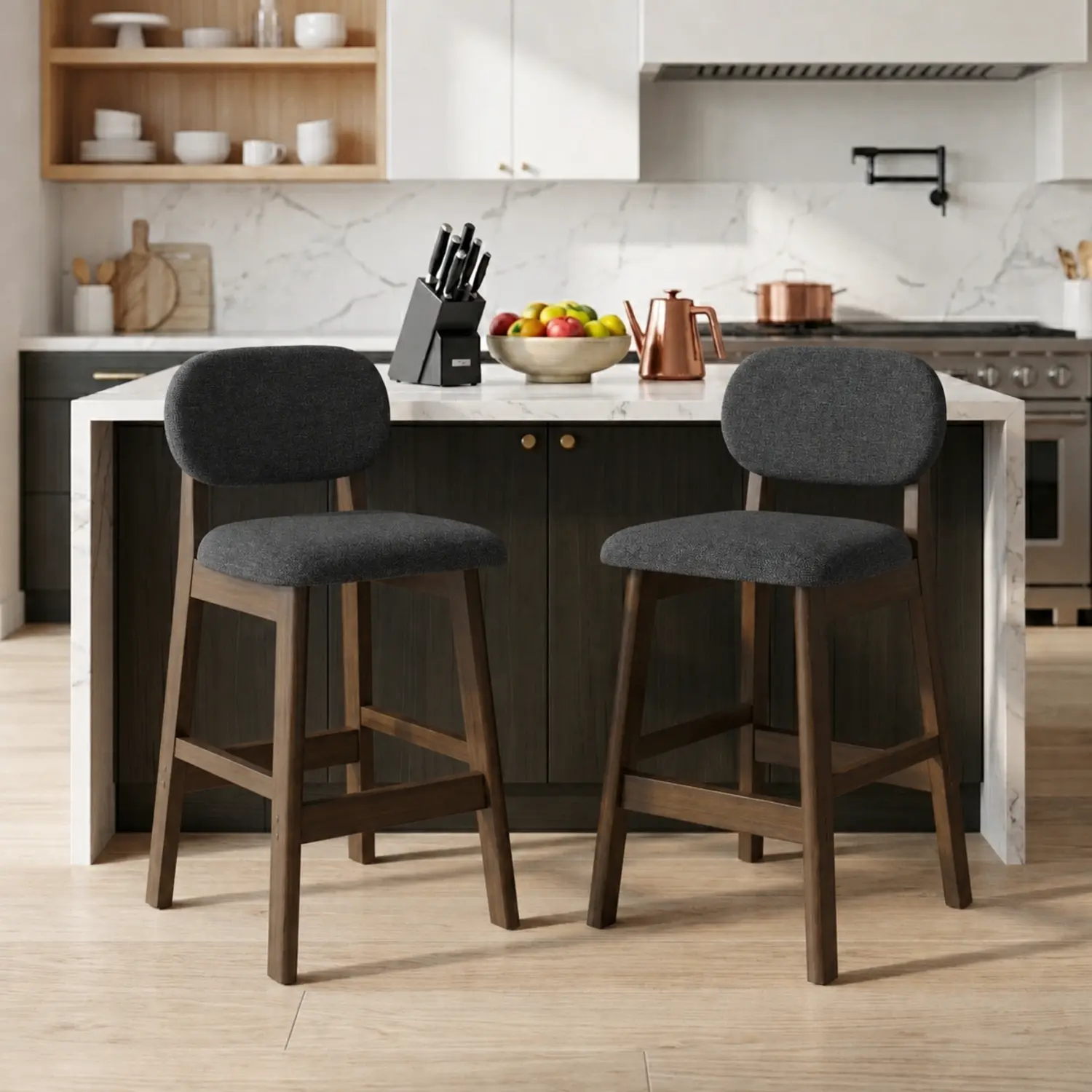 Dark Gray Leathaire Dark Walnut Counter Stool(25"H) Counter Height Modern Linen Low Back Upholstered Bar Stool Set of 2 Image - 27 | homeyfad