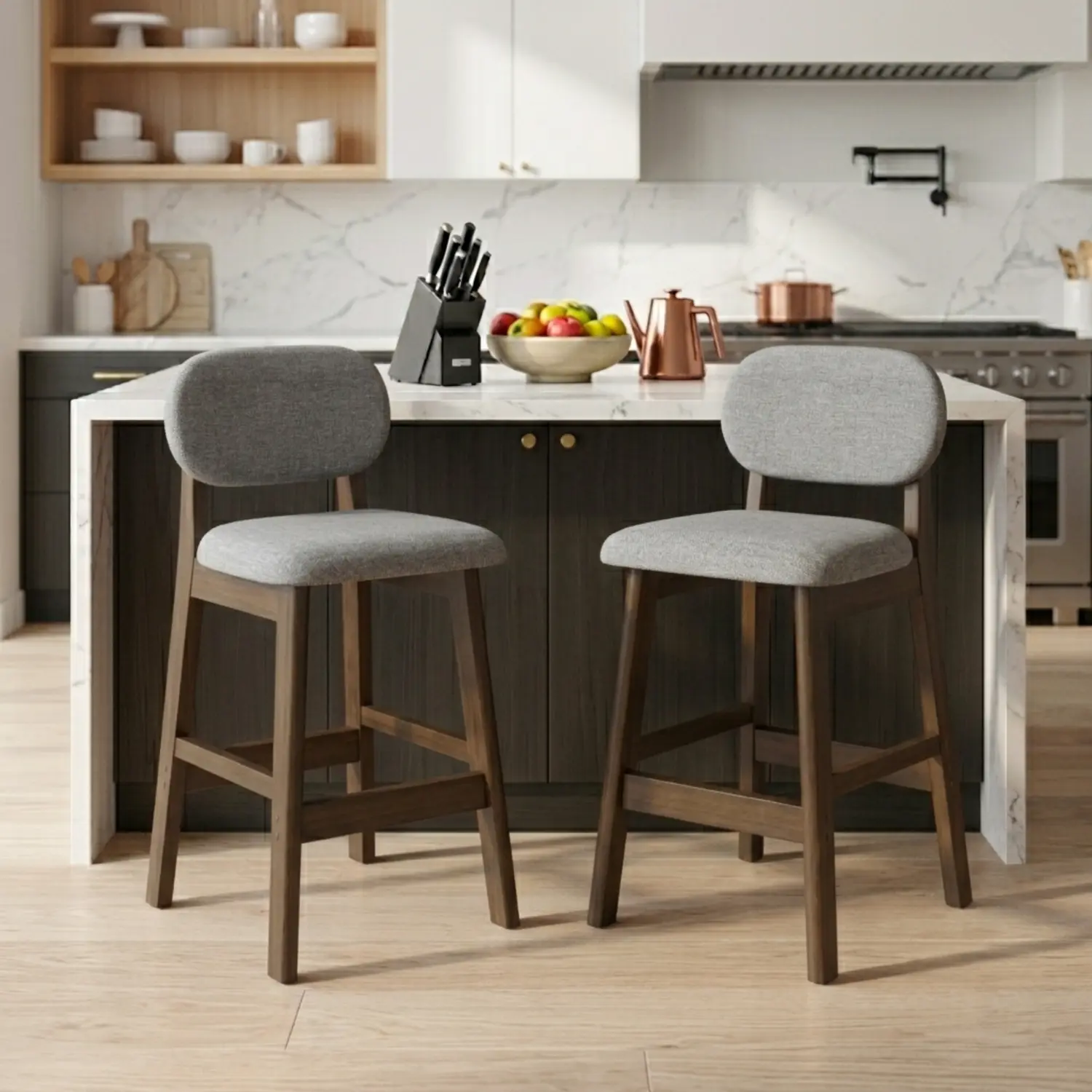 Light Gray Leathaire Dark Walnut Counter Stool(25"H) Counter Height Modern Linen Low Back Upholstered Bar Stool Set of 2 Image - 29 | homeyfad