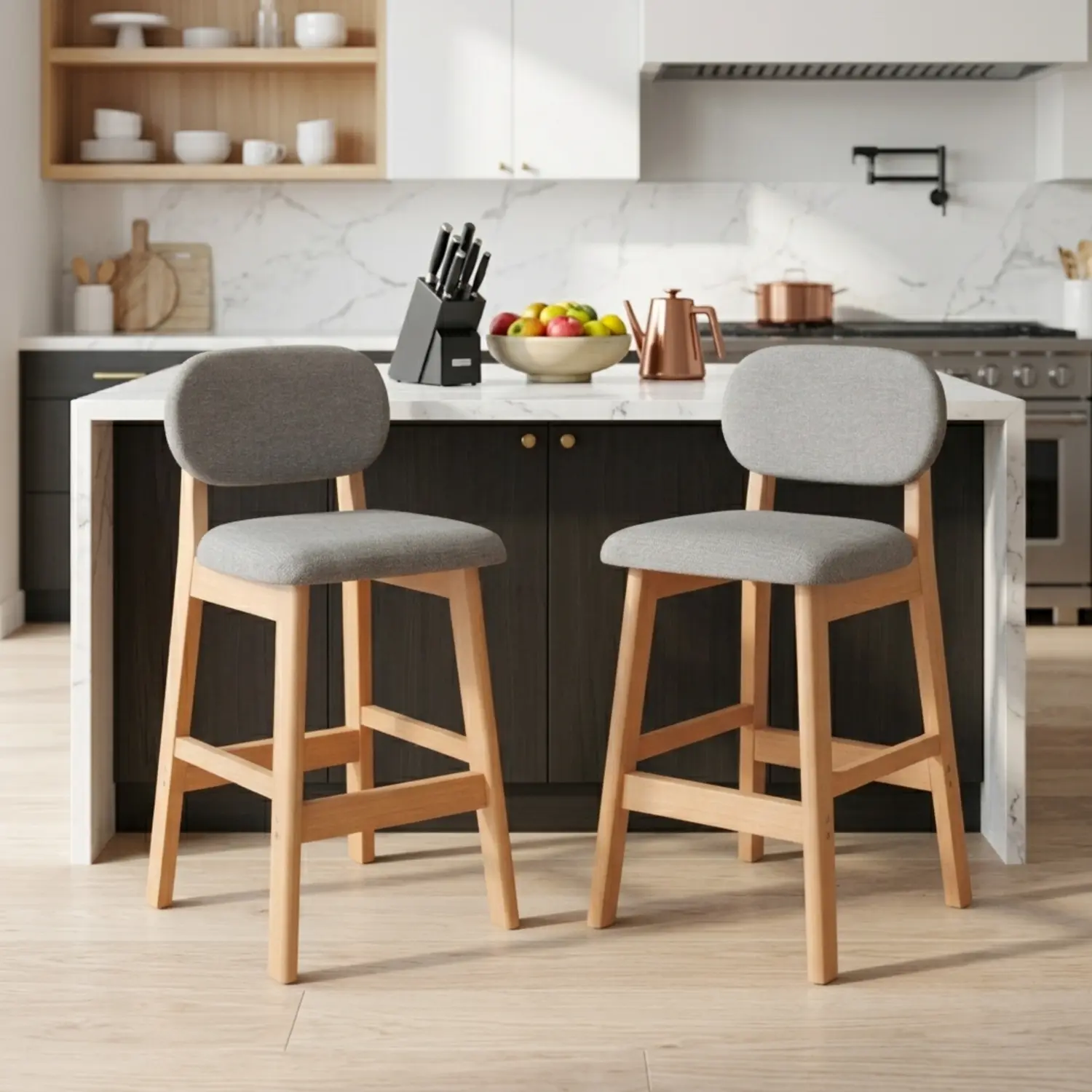 Light Gray Leathaire Natural Counter Stool(25"H) Counter Height Modern Linen Low Back Upholstered Bar Stool Set of 2 Image - 30 | homeyfad