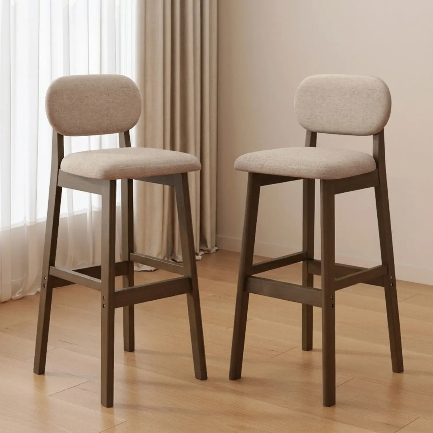 Khaki Linen Dark Walnut Counter Stool(25"H) Counter Height Modern Linen Low Back Upholstered Bar Stool Set of 2 Image - 32 | homeyfad