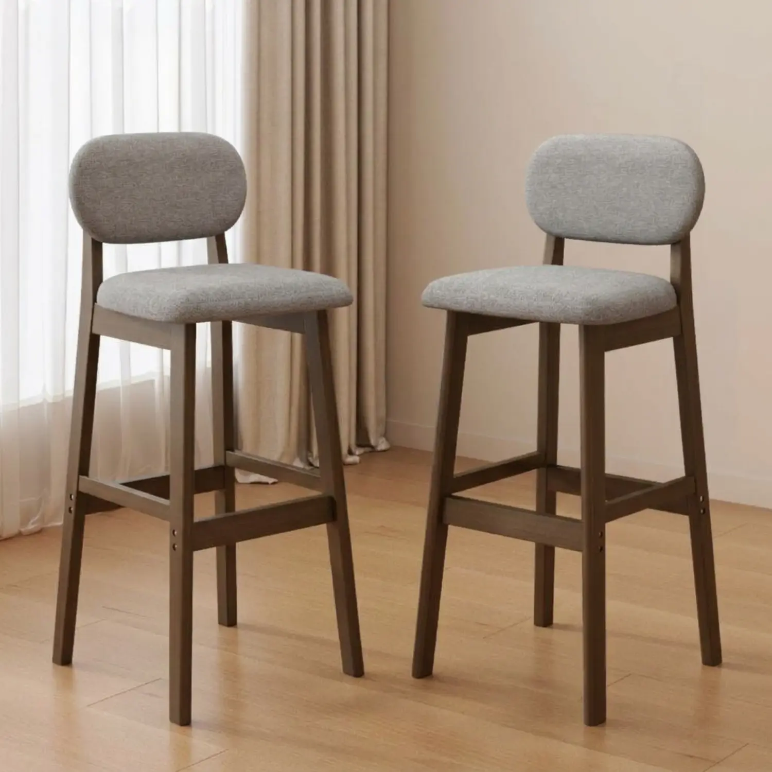 Light Gray Linen Dark Walnut Bar Stool(29"H) Counter Height Modern Linen Low Back Upholstered Bar Stool Set of 2 Image - 33 | homeyfad