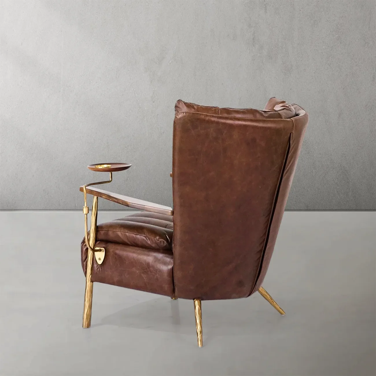 Vintage Brown Waxed Top-Grain Leather Accent Armchair with Side Tray Image - 9 | homeyfad
