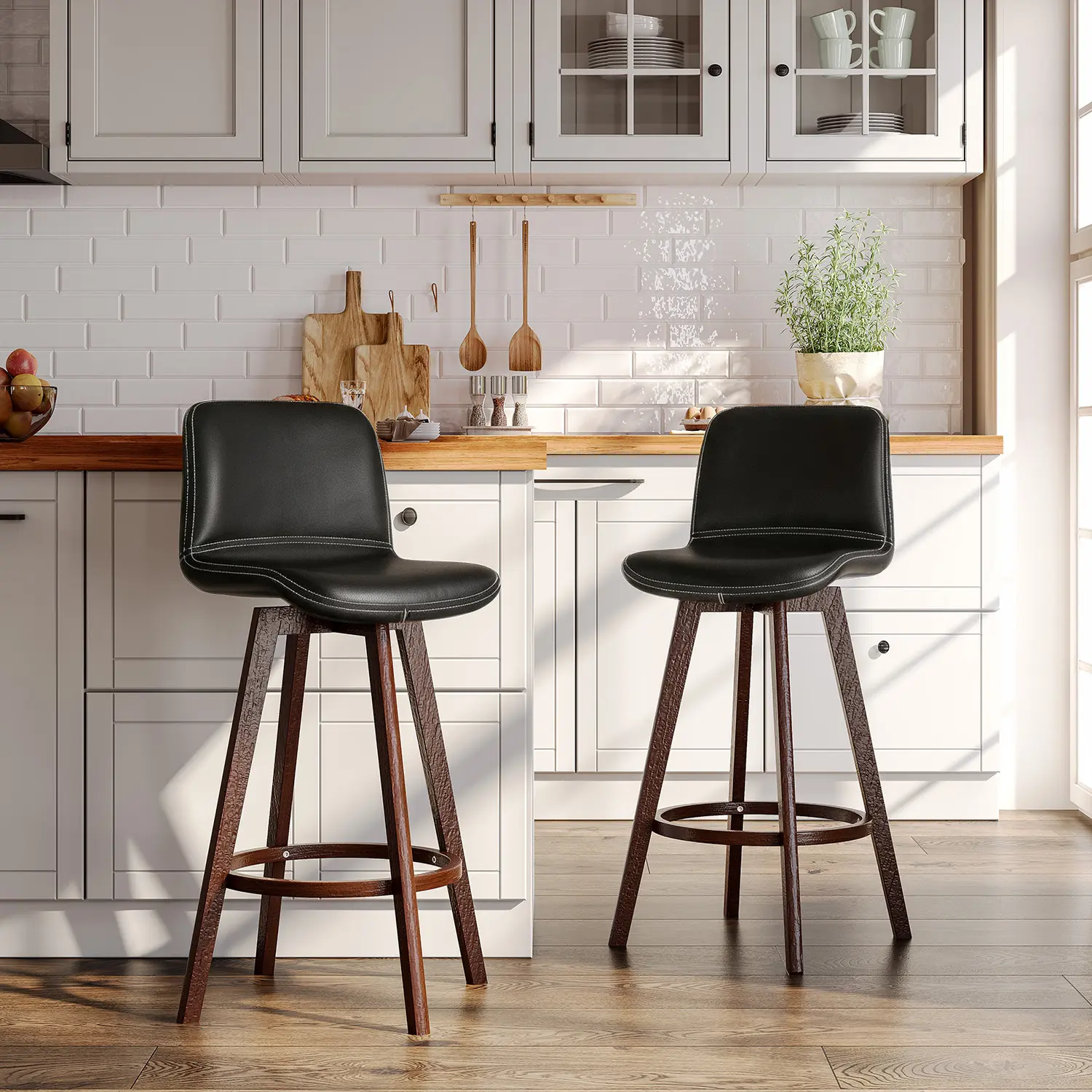Traditional Wood Genuine Leather Upholstered Swivel Bar Stools Image - 5 | homeyfad