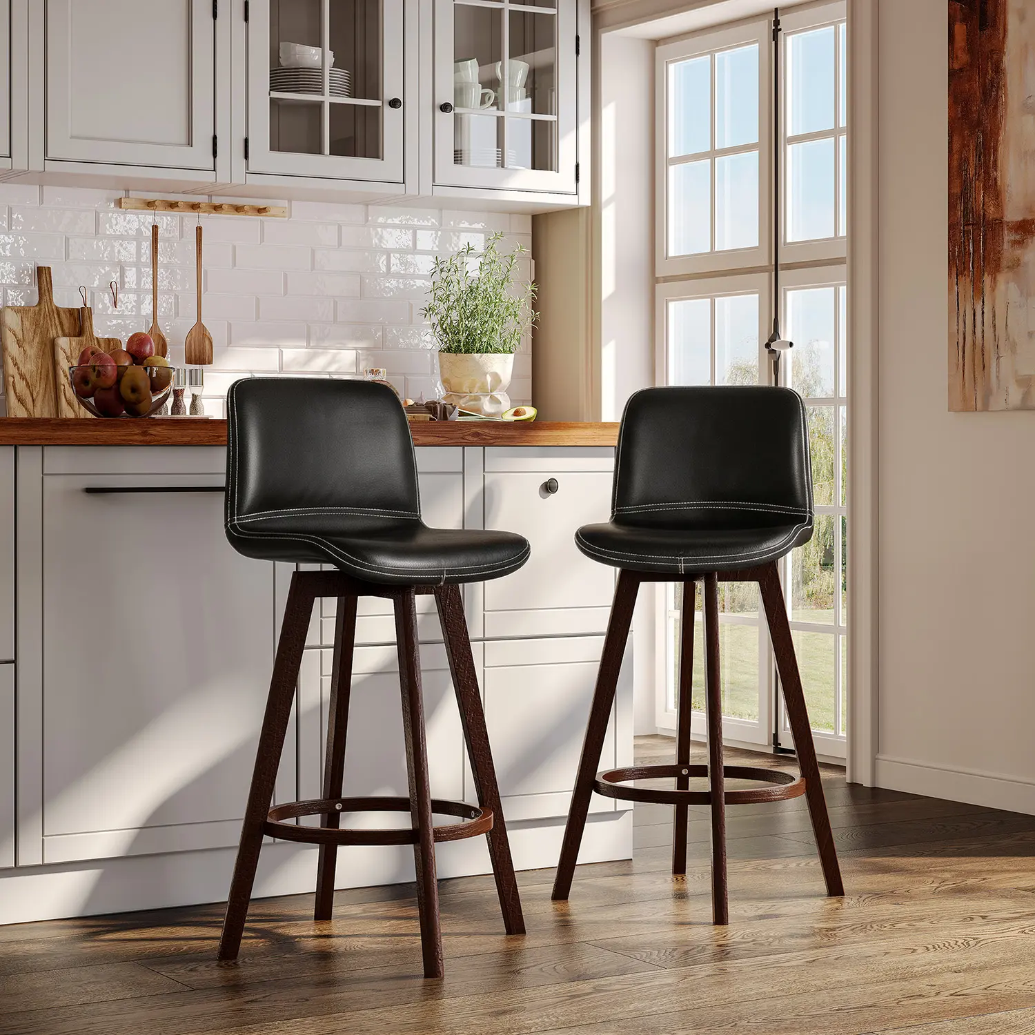 Traditional Wood Genuine Leather Upholstered Swivel Bar Stools Image - 4 | homeyfad