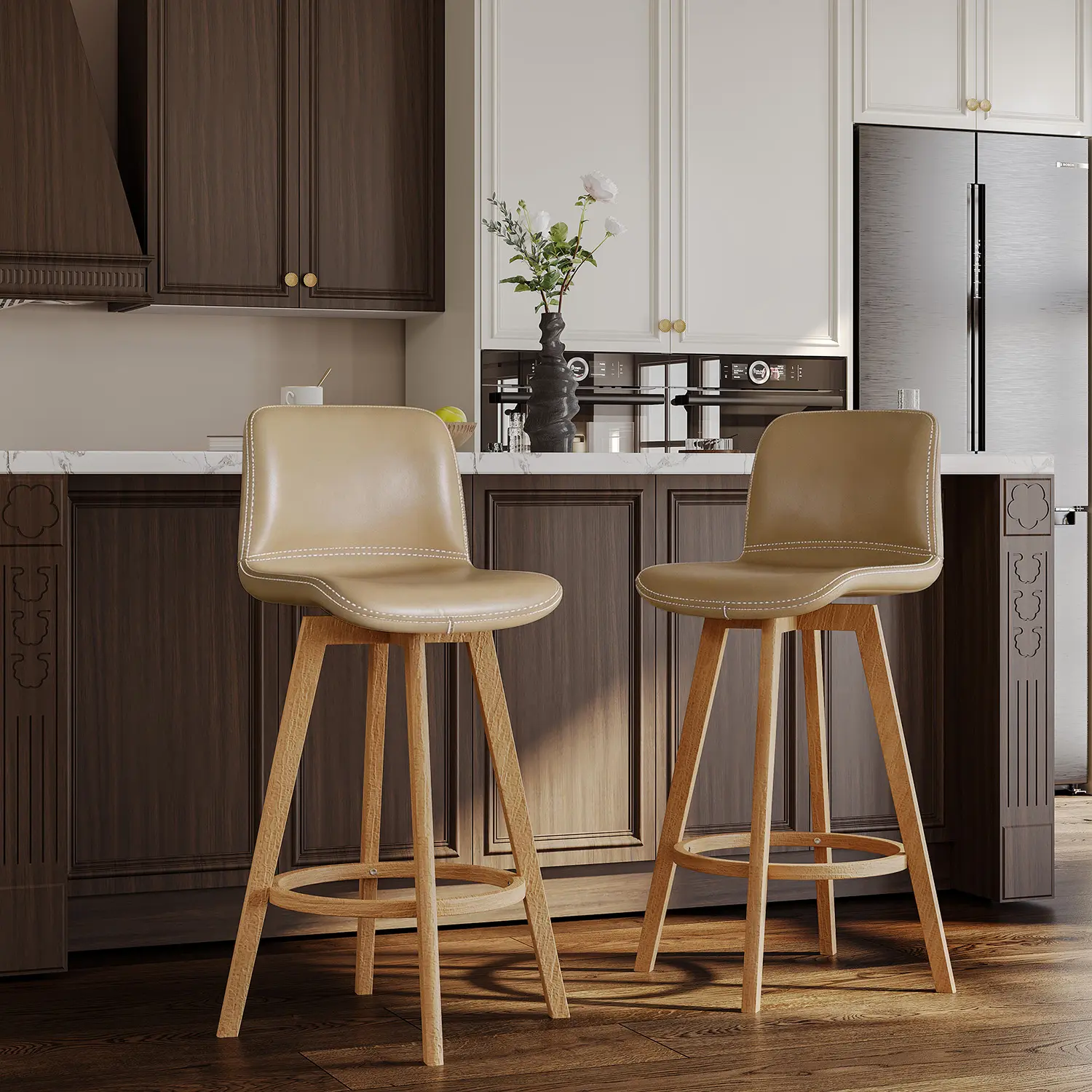 Traditional Wood Genuine Leather Upholstered Swivel Bar Stools Image - 2 | homeyfad