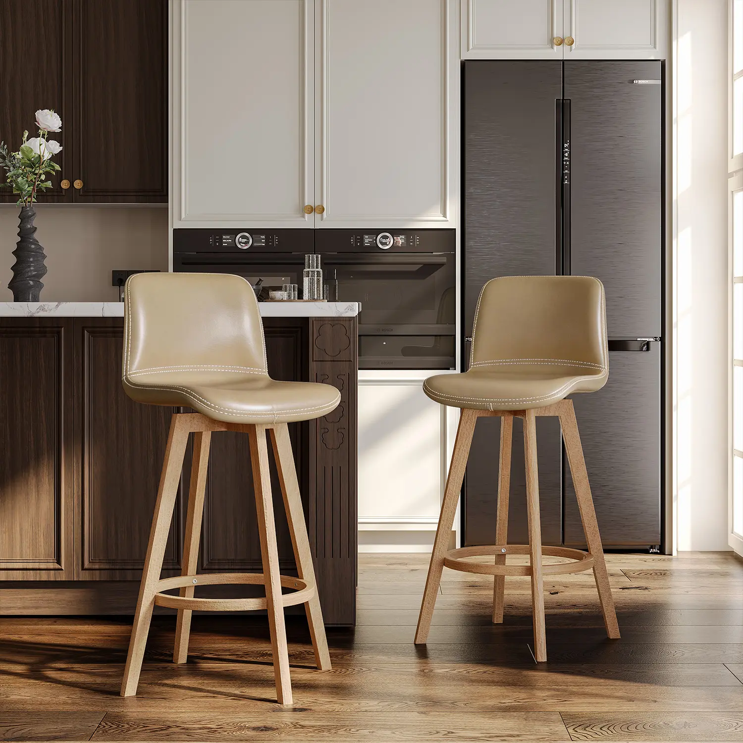 Traditional Wood Genuine Leather Upholstered Swivel Bar Stools Image - 1 | homeyfad