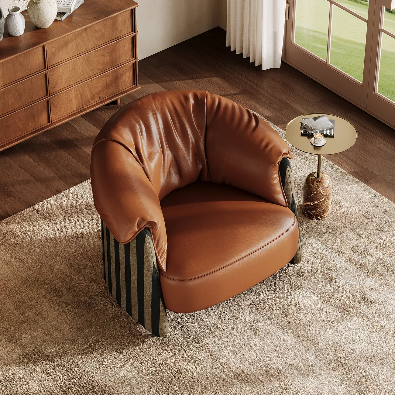 Modern Vintage Brown Top-Grain Leather Barrel Accent Chair Image - 3 | homeyfad