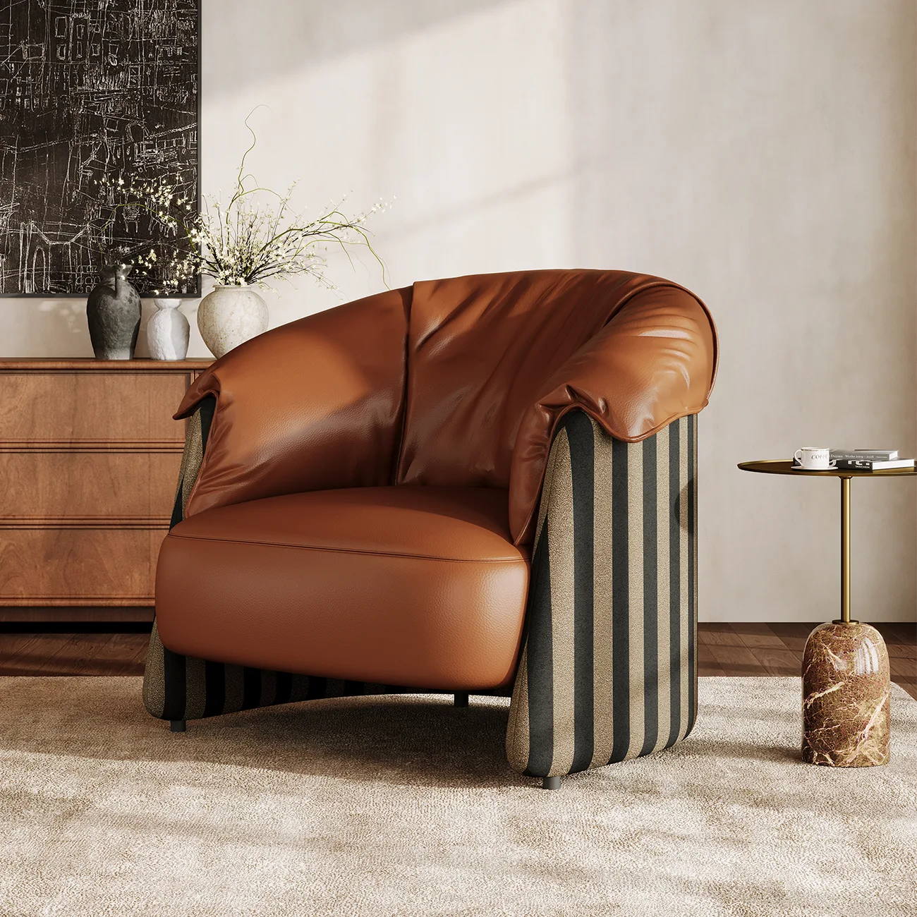 Brown Modern Vintage Brown Top-Grain Leather Barrel Accent Chair Image - 1 | homeyfad