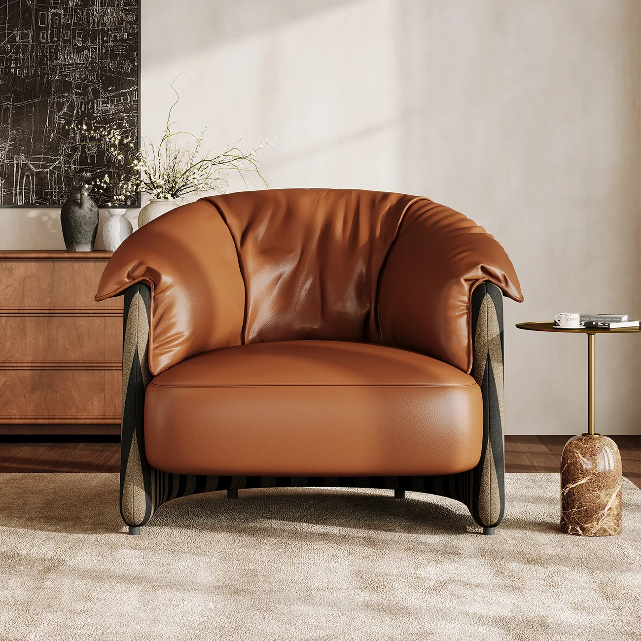 Modern Vintage Brown Top-Grain Leather Barrel Accent Chair Image - 2 | homeyfad