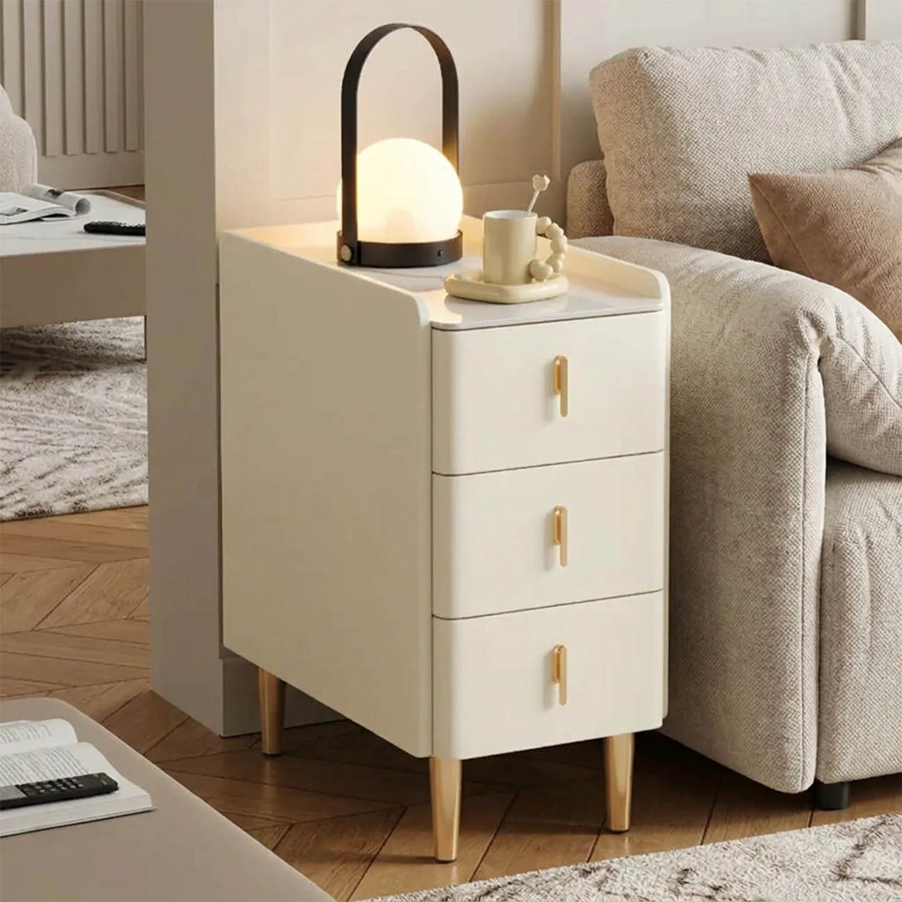 10"L x 16"W x 23"H Cream Glam Marble Top Wooden Cream 3-Drawer Storage Cabinet Image - 1 | homeyfad