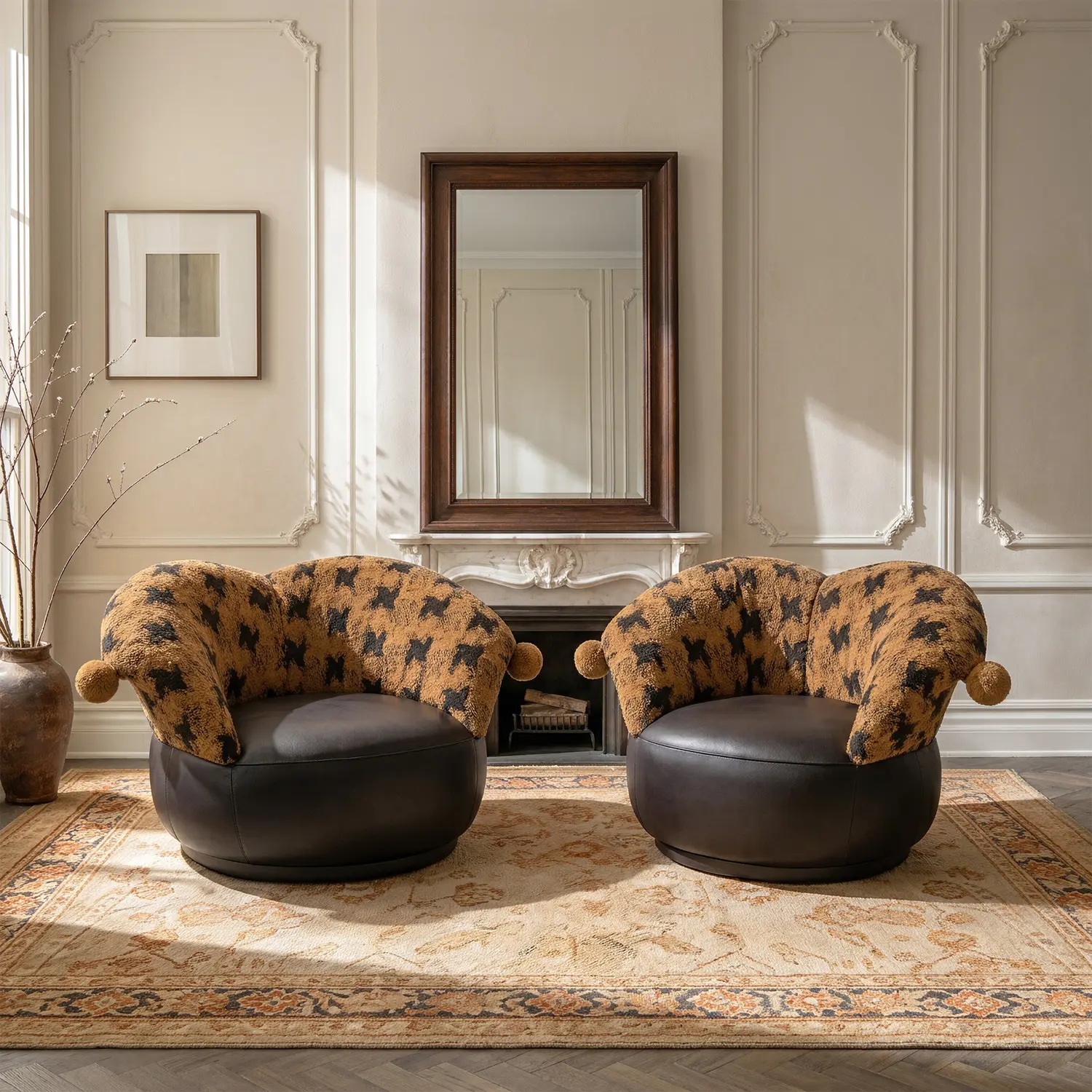 Modern Clown-Inspired Houndstooth Swivel Accent Chair Image - 10 | homeyfad