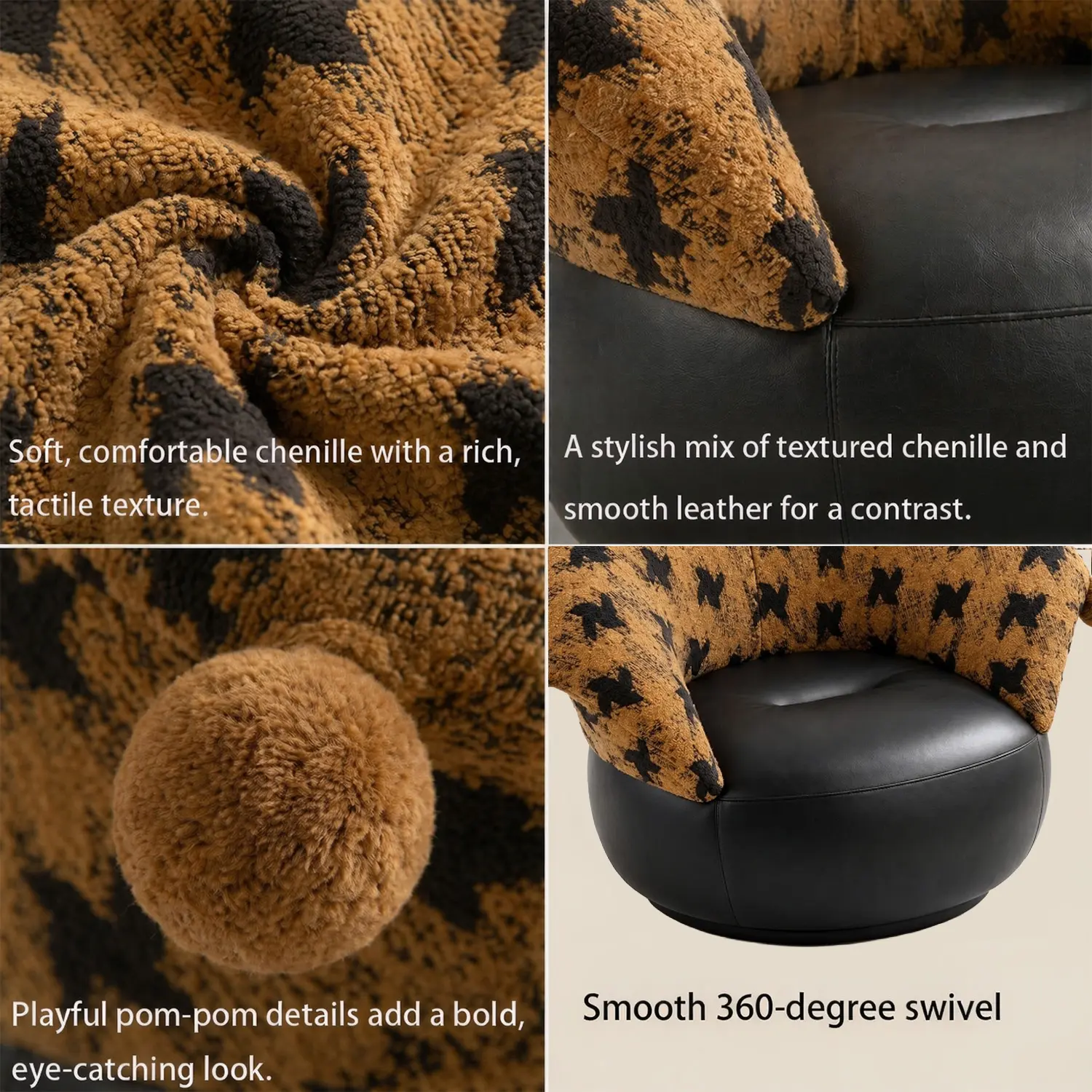 Modern Clown-Inspired Houndstooth Swivel Accent Chair Image - 7 | homeyfad
