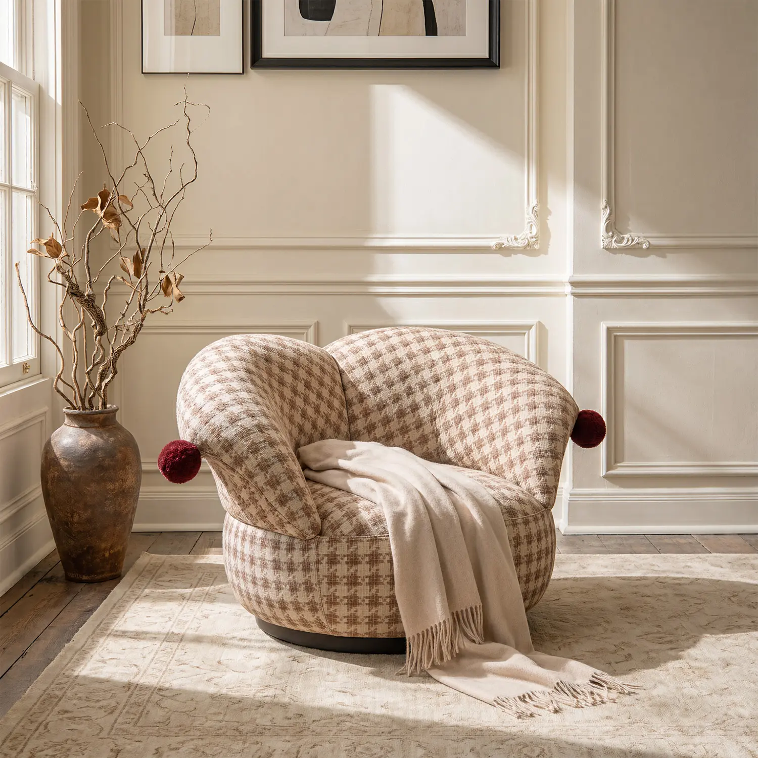 Modern Clown-Inspired Houndstooth Swivel Accent Chair Image - 19 | homeyfad