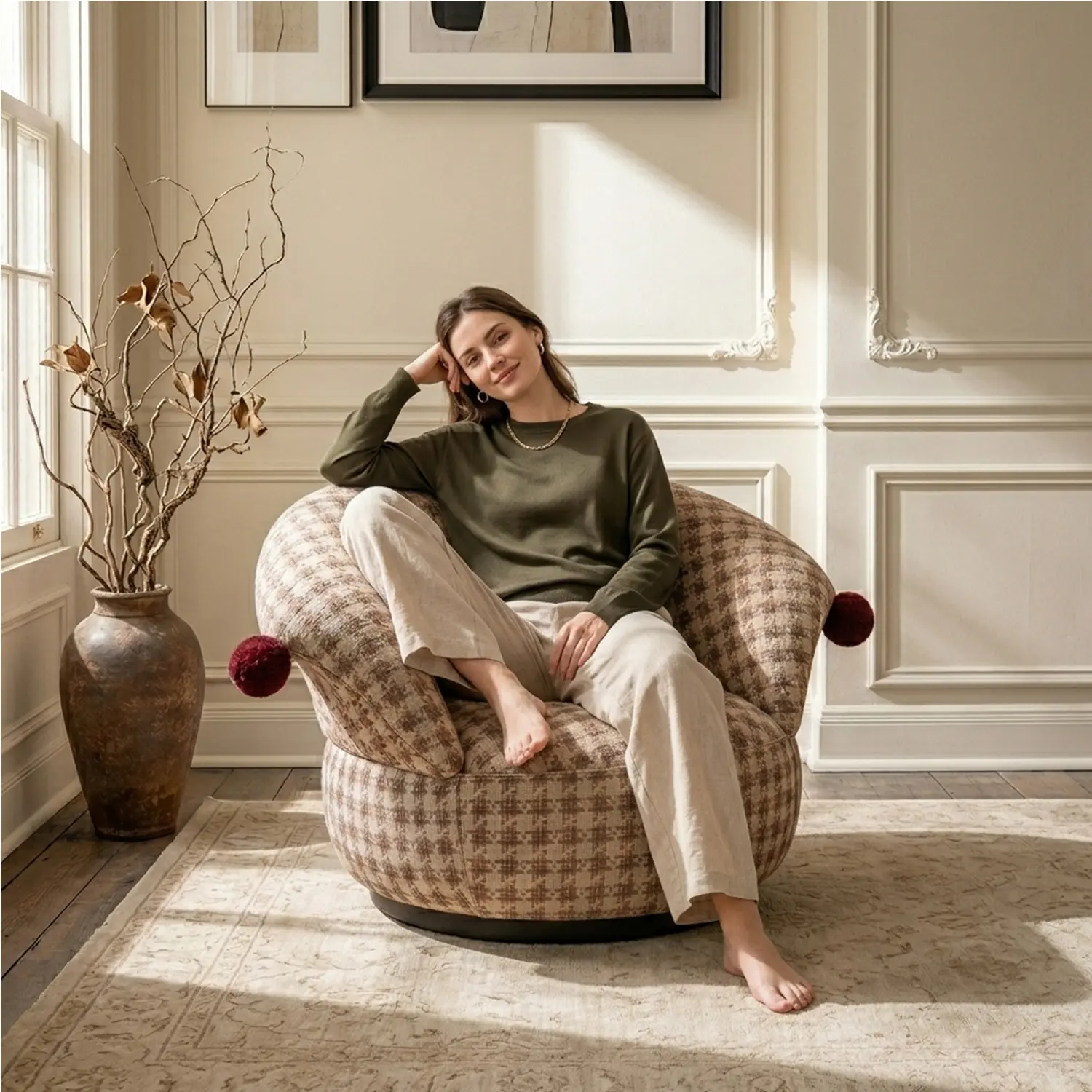 Modern Clown-Inspired Houndstooth Swivel Accent Chair Image - 18 | homeyfad
