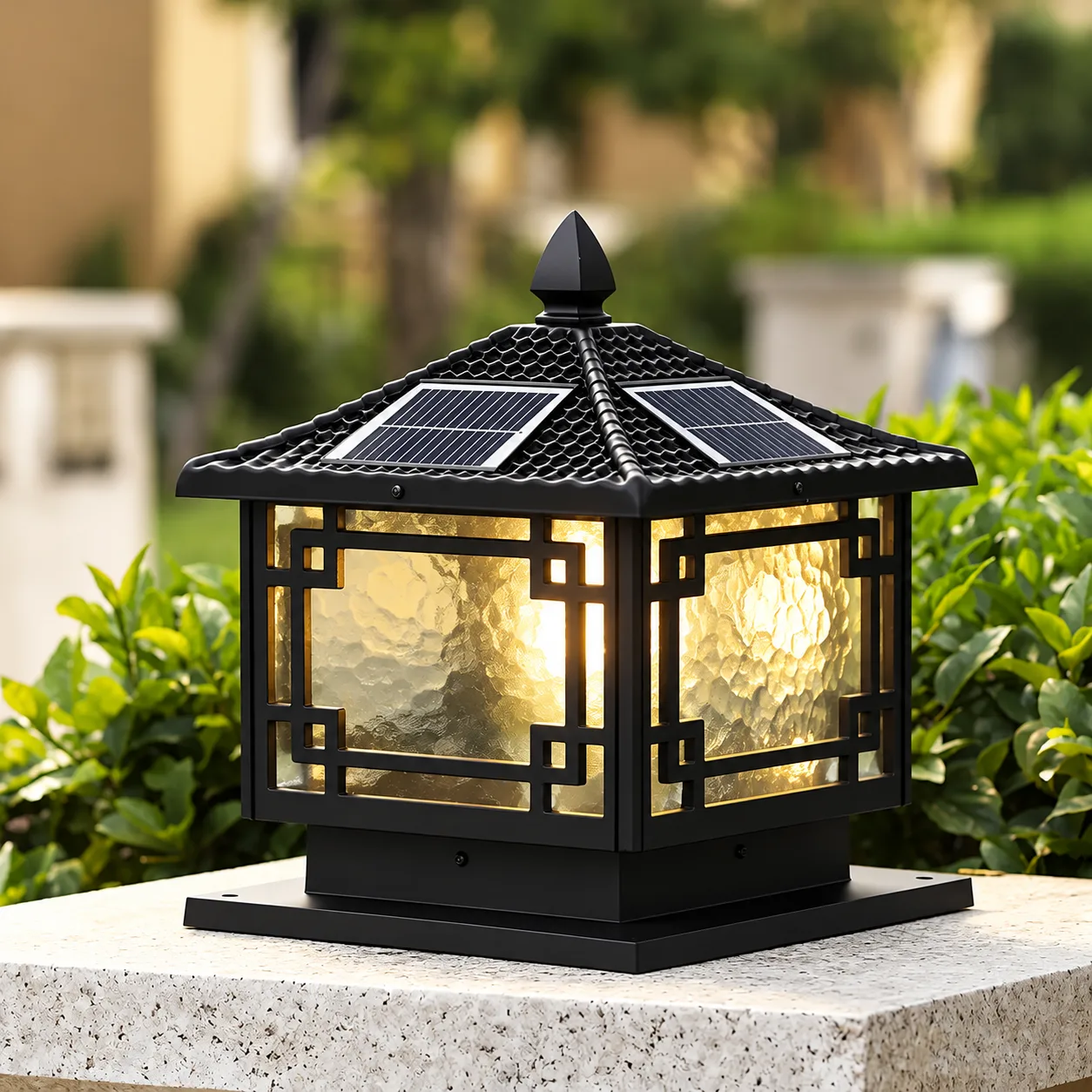 14.5" 12" Light Included LED Bulbs 12" 1 Square 3 Color Light Metal Solar Black Oriental Traditional Black Solar Outdoor Post Lights Image - 5 | homeyfad