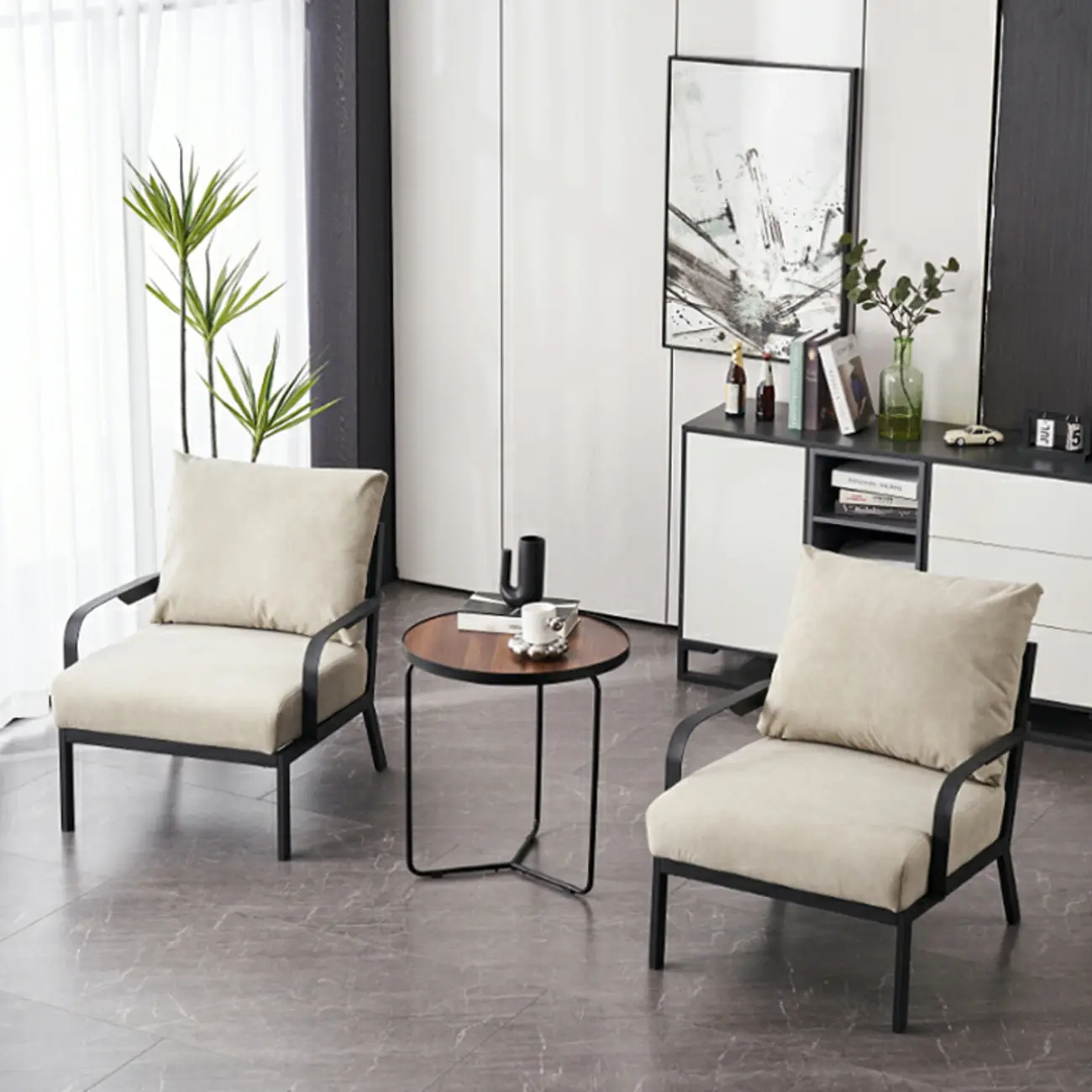 Modern Fabric Metal Arm Chair Beige Ergonomic Design | homeyfad