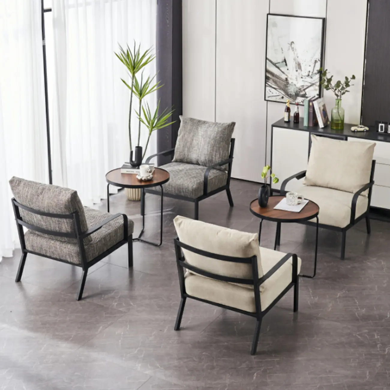 Modern Fabric Metal Arm Chair Beige Ergonomic Design | homeyfad