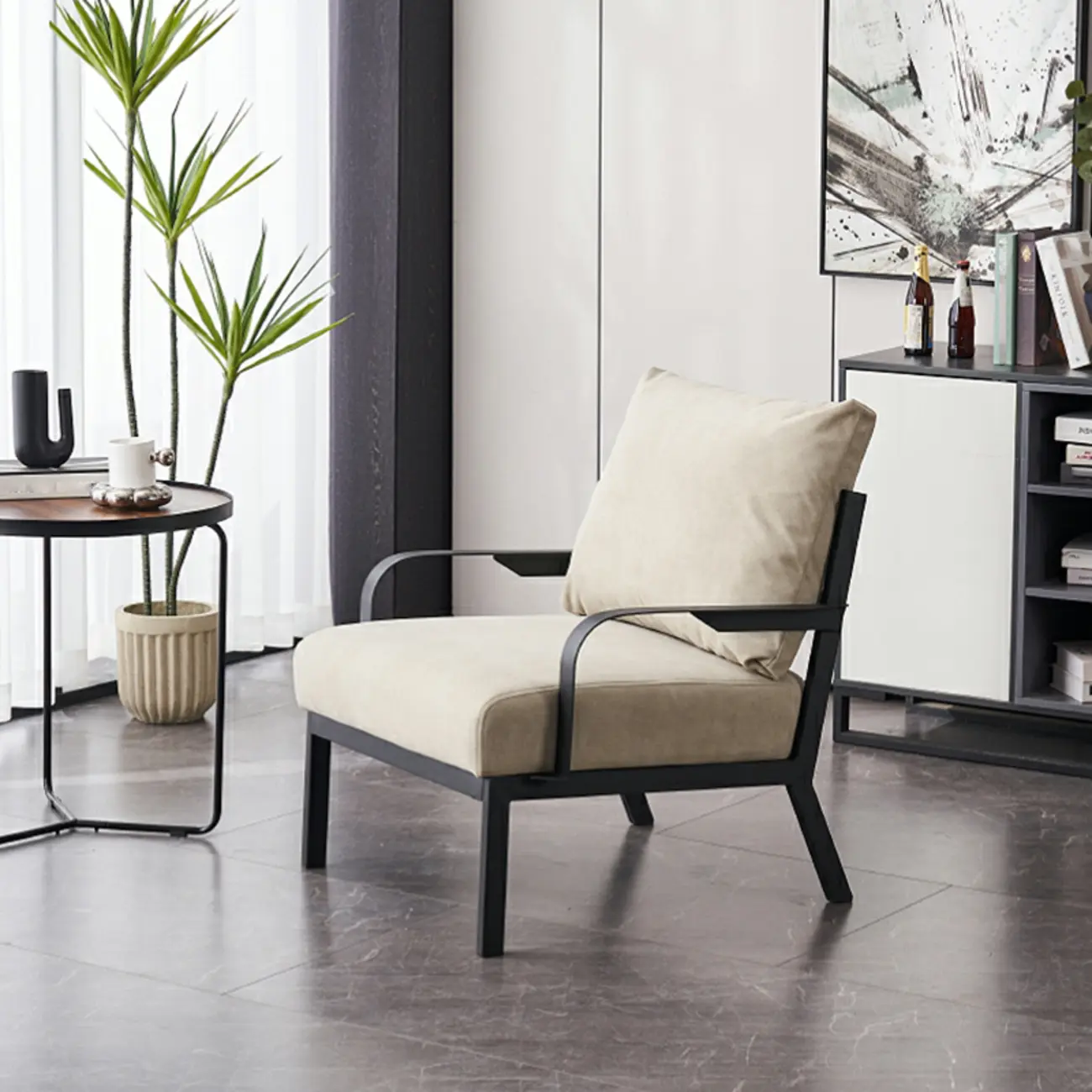 Modern Fabric Metal Arm Chair Beige Ergonomic Design | homeyfad