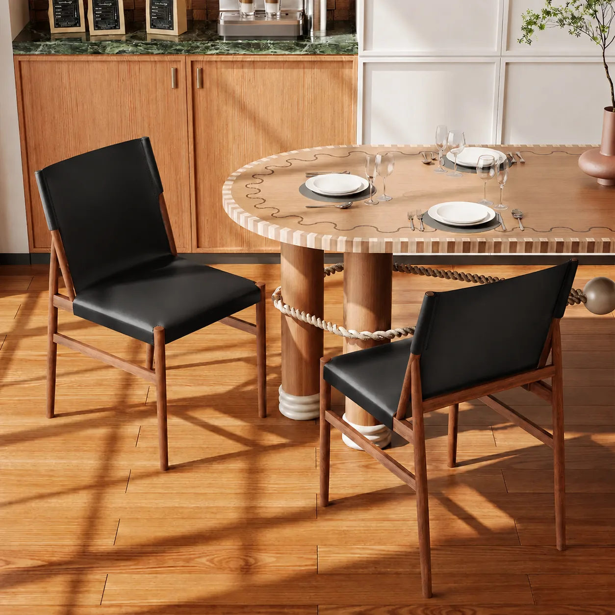 Black Walnut Mid-century Modern Faux Leather Dining Chairs Carbon Steel Frame Set of 2 Image - 13 | homeyfad