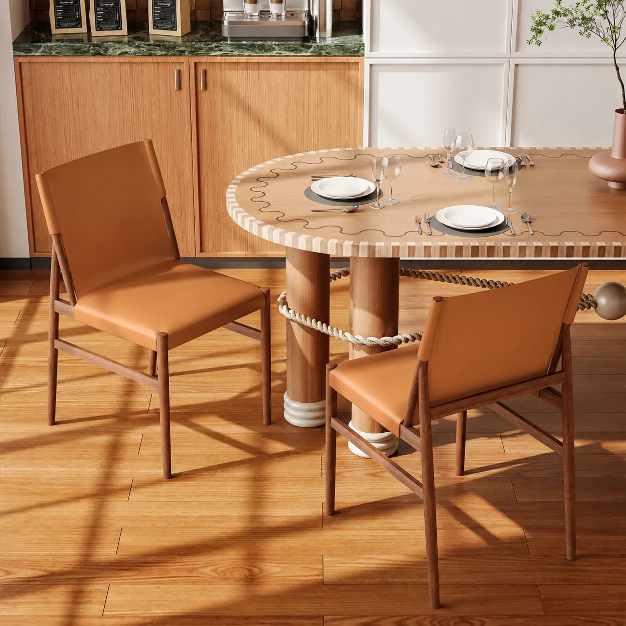 Coffee Walnut Mid-century Modern Faux Leather Dining Chairs Carbon Steel Frame Set of 2 Image - 14 | homeyfad