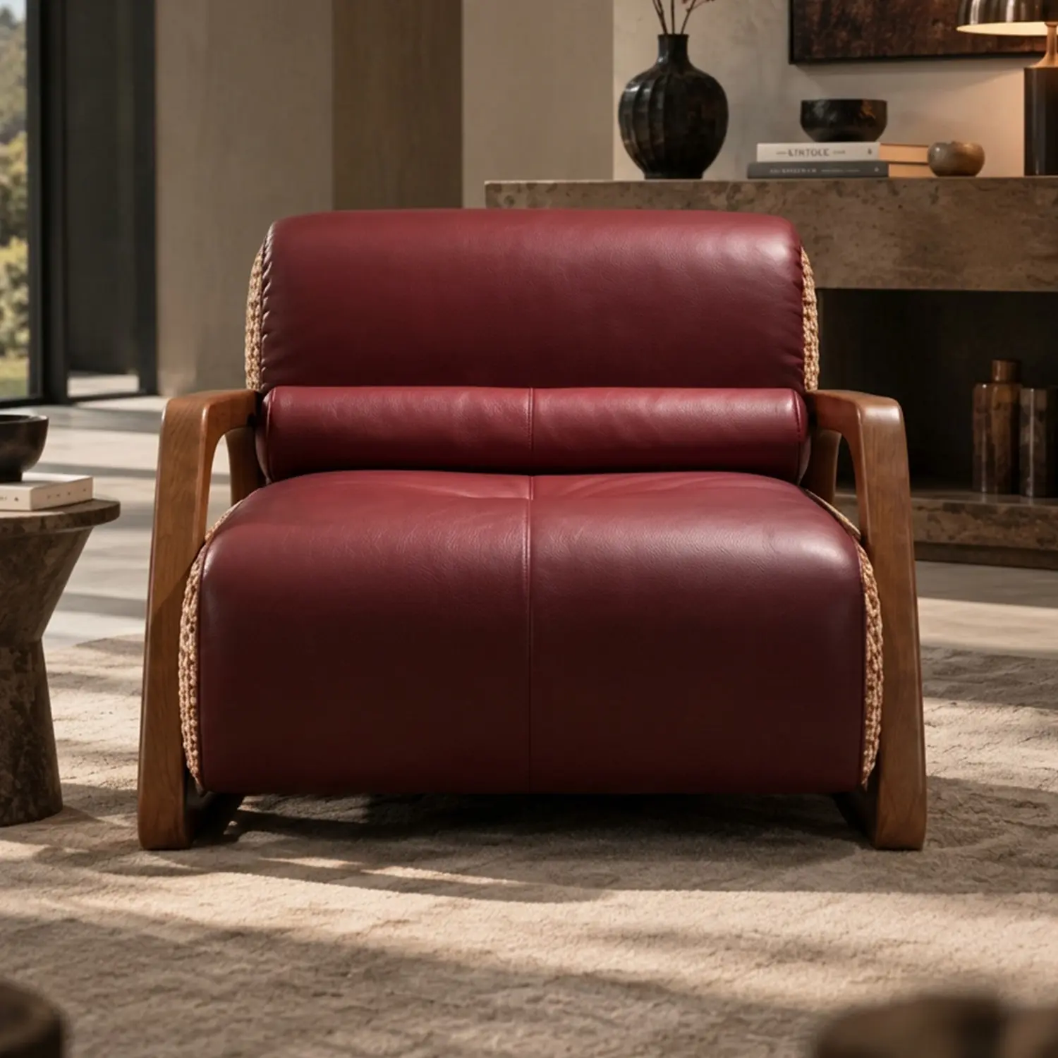 Mid-Century Modern Burgundy Top-Grain Leather Lounge Chair Image - 5 | homeyfad