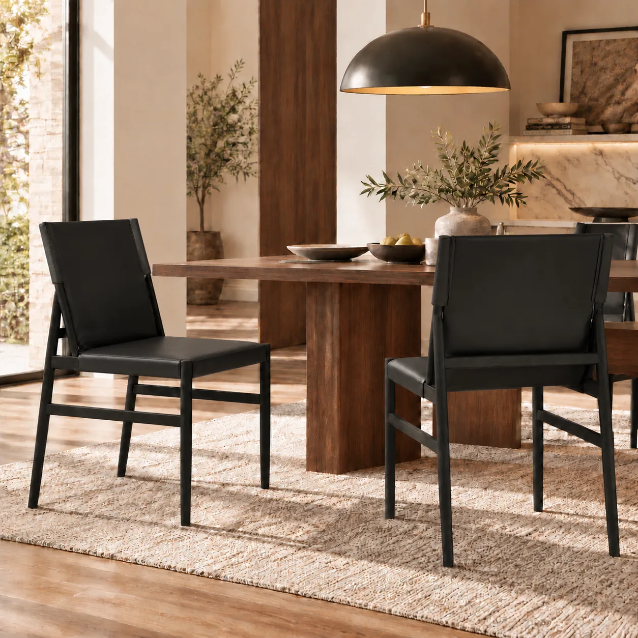 Black Black Mid-century Modern Faux Leather Dining Chairs Carbon Steel Frame Set of 2 Image - 15 | homeyfad